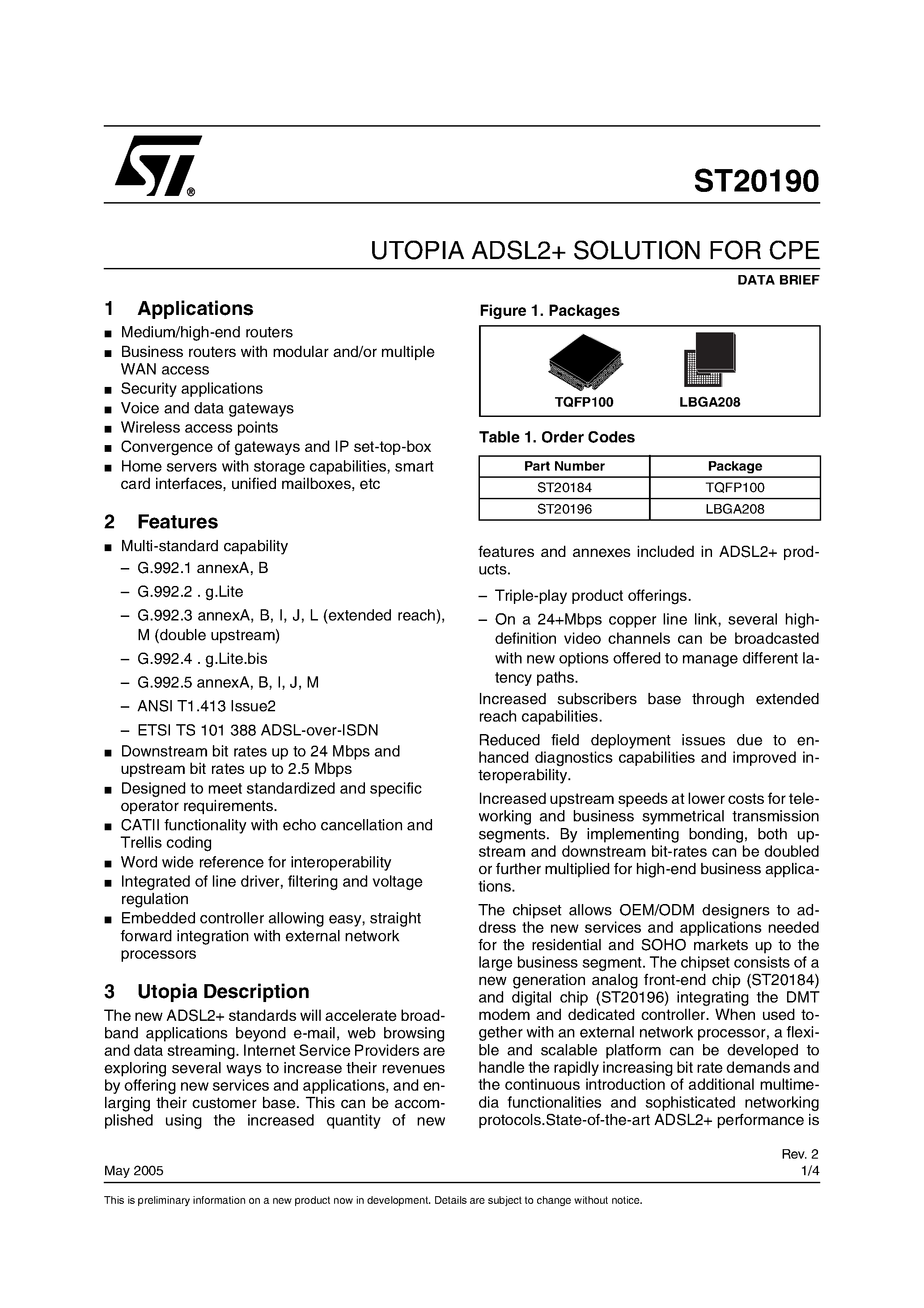 Datasheet ST20196 page 1 Datasheet ST20196 - Utopia ADSL2+ Solution for CPE page 1