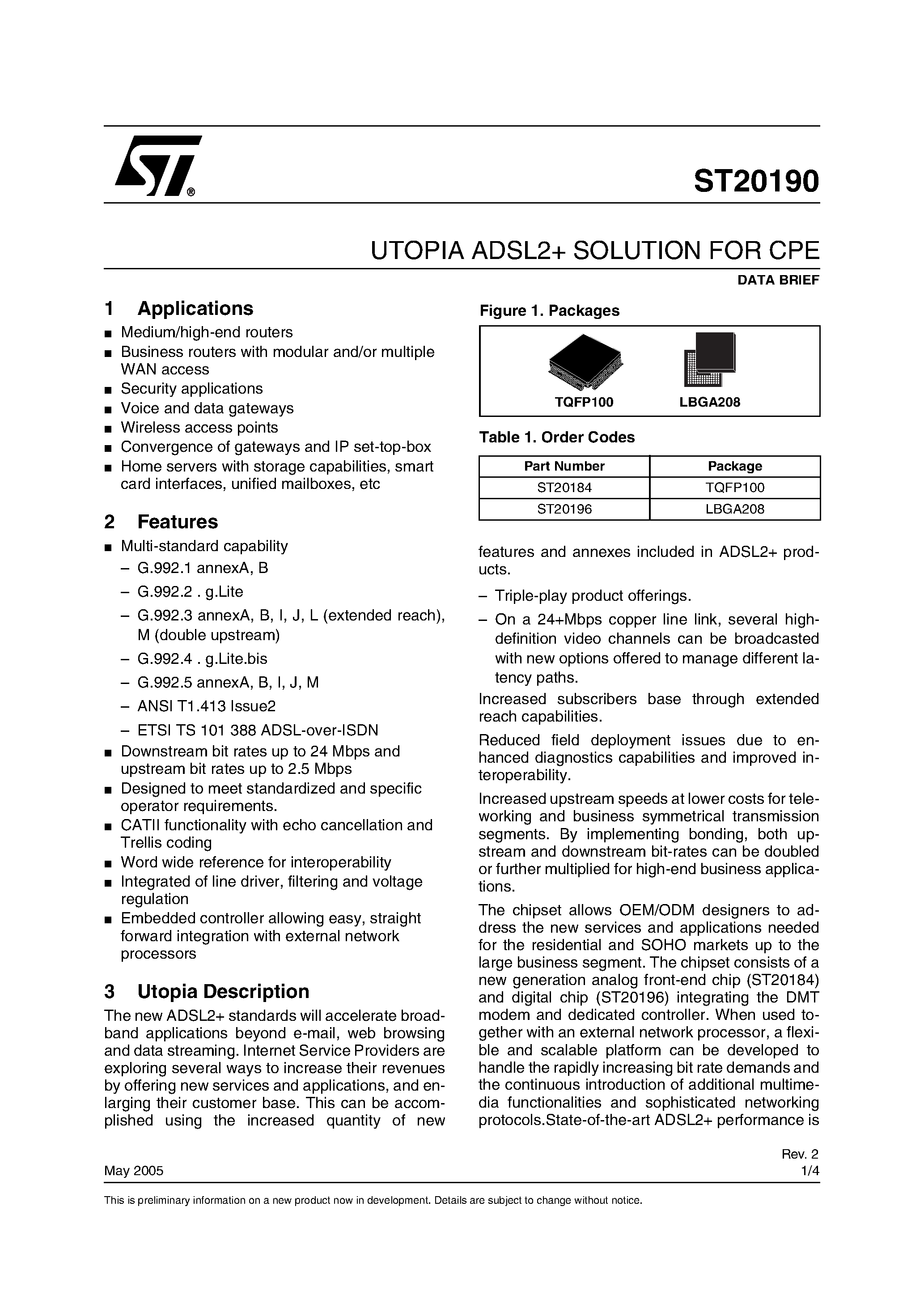 Даташит ST20196 - Utopia ADSL2+ Solution for CPE страница 1