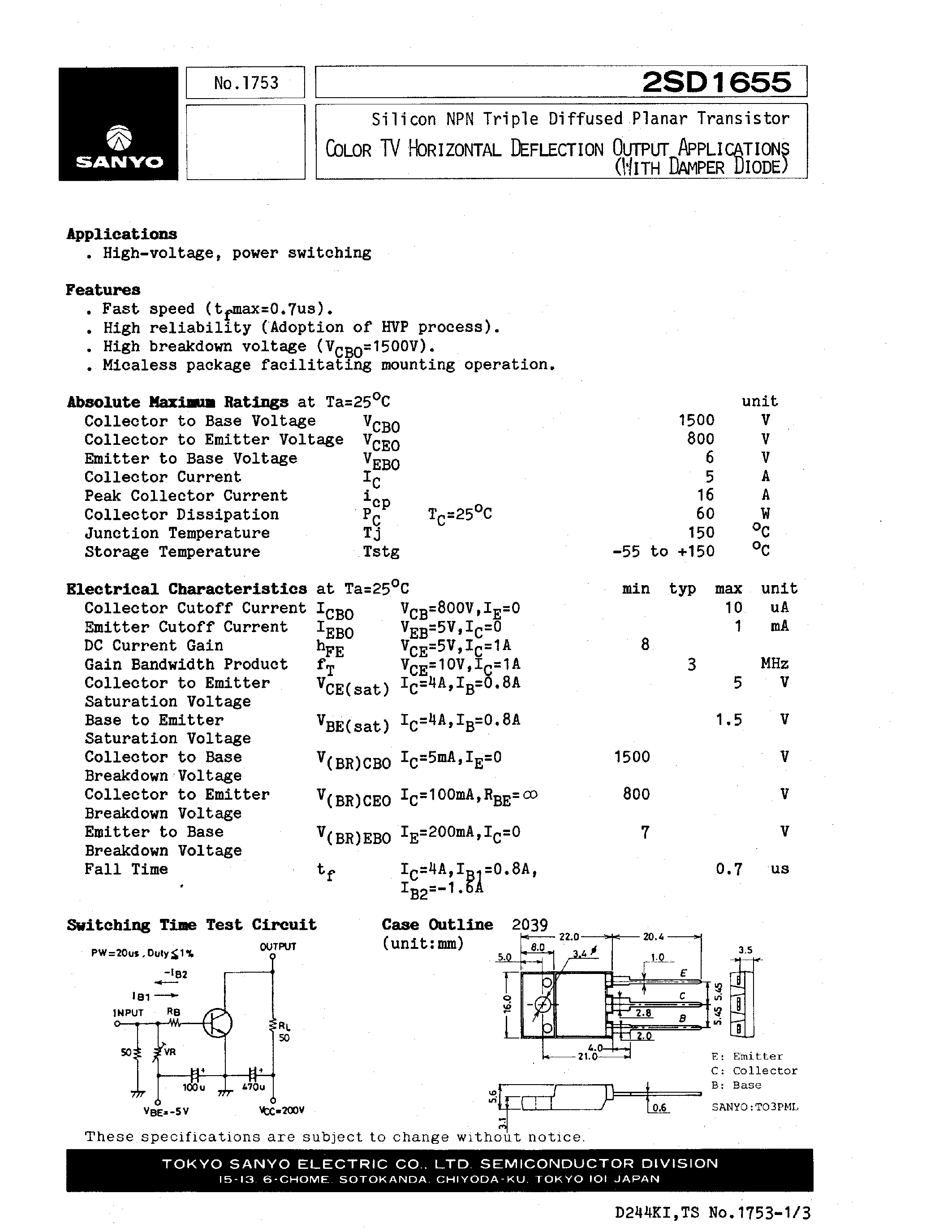 Datasheet 2SD1655 - COLOR TV HORIZONTAL DEFLECTION OUTPUT APPLICATIONS(WITH DAMPER DIODE) page 1