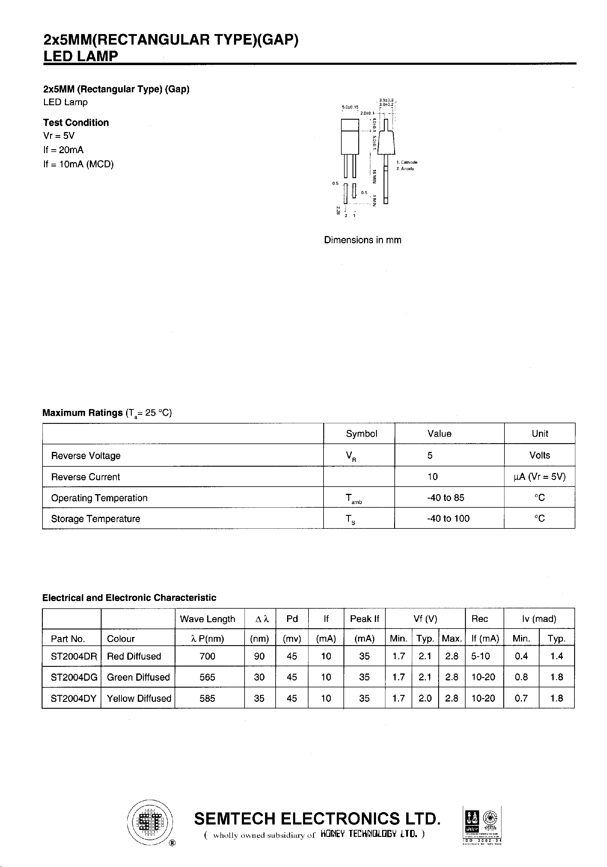 Datasheet ST200x page 1 Datasheet ST200x - 2x5MM(RECTANGULAR TYPE)(GAP) LED LAMP page 1