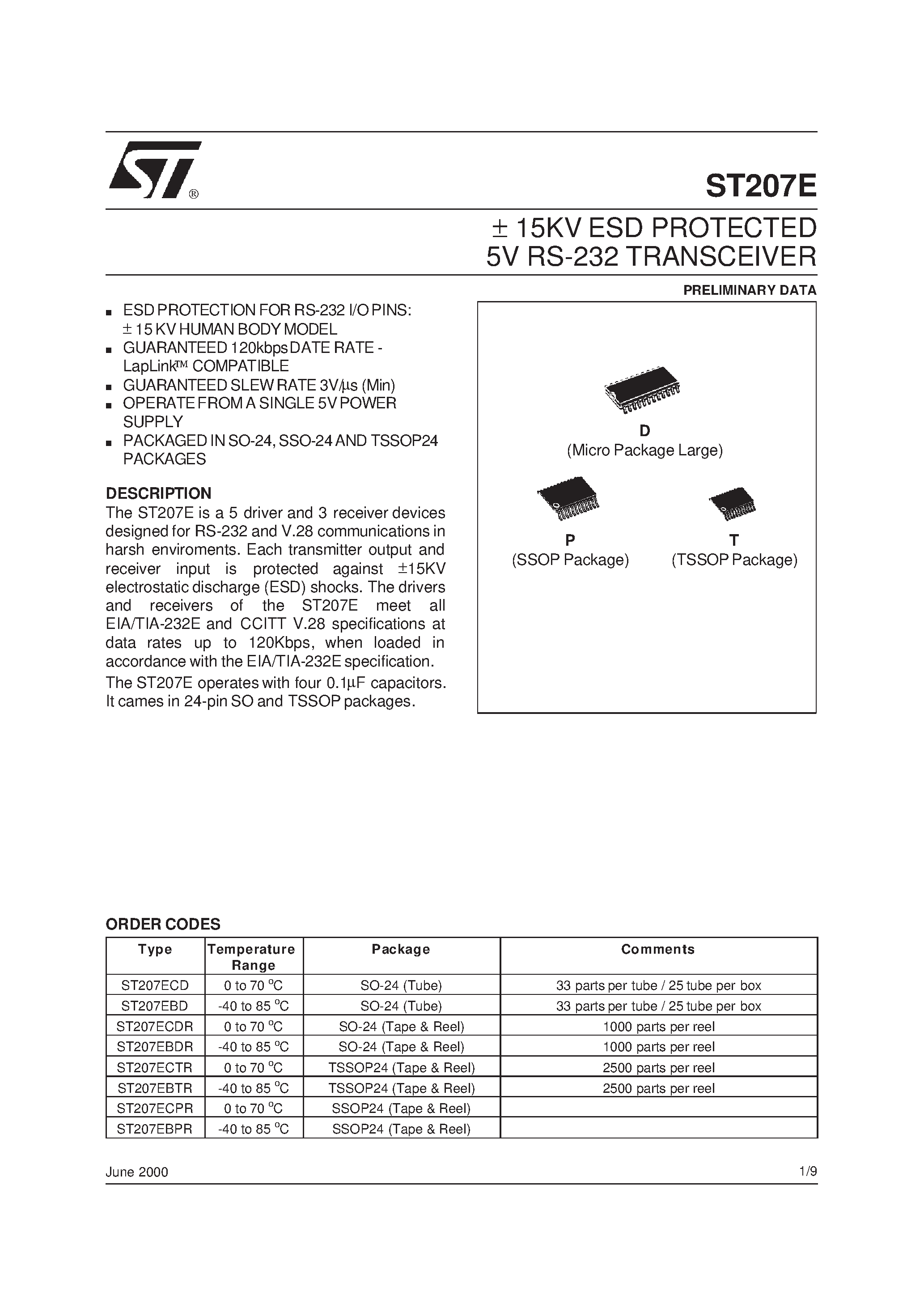 Datasheet ST207E page 1 Datasheet ST207E - 15KV ESD PROTECTED 5V RS-232 TRANSCEIVER page 1