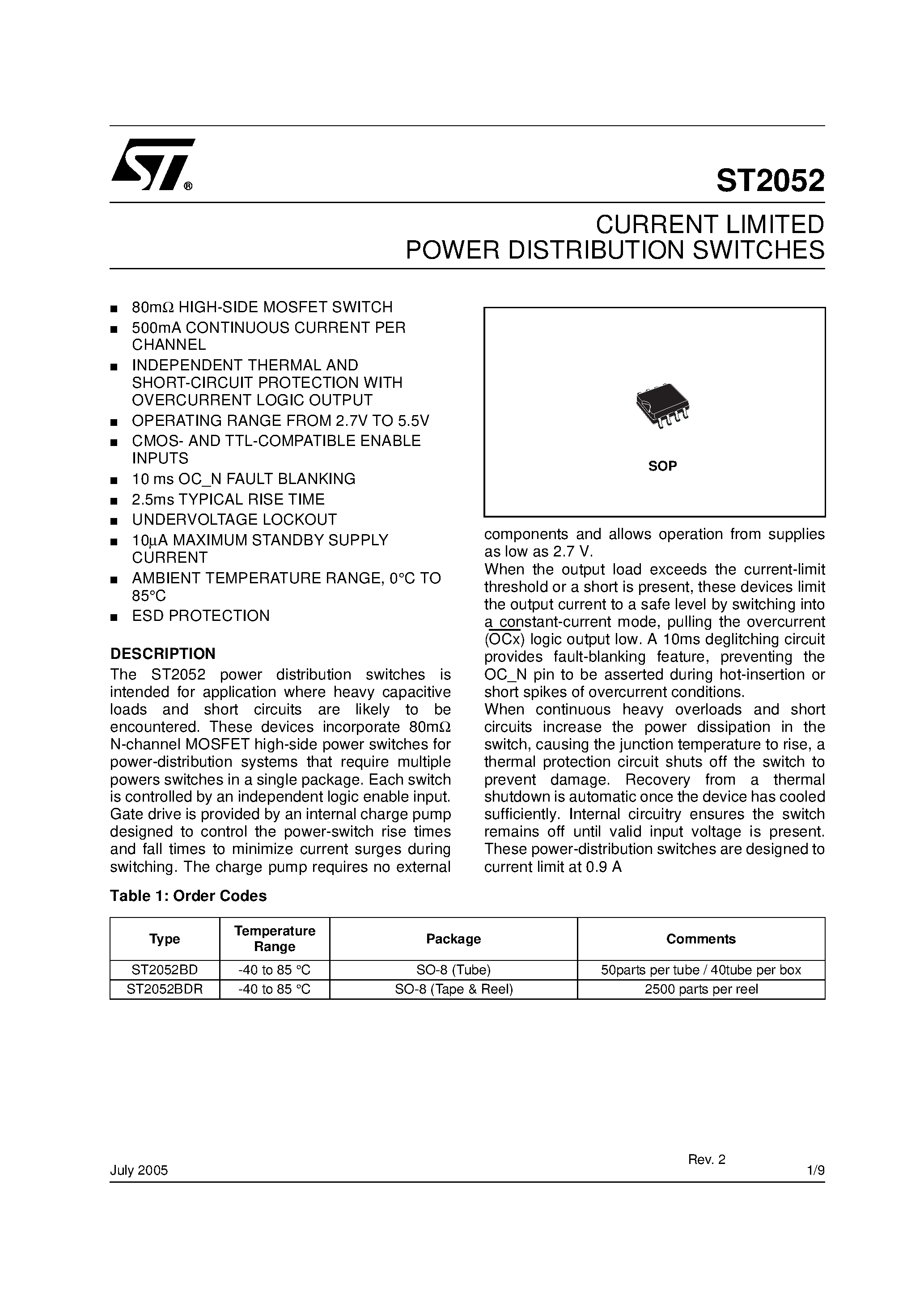 Даташит ST2052 - CURRENT LIMITED POWER DISTRIBUTION SWITCHES страница 1