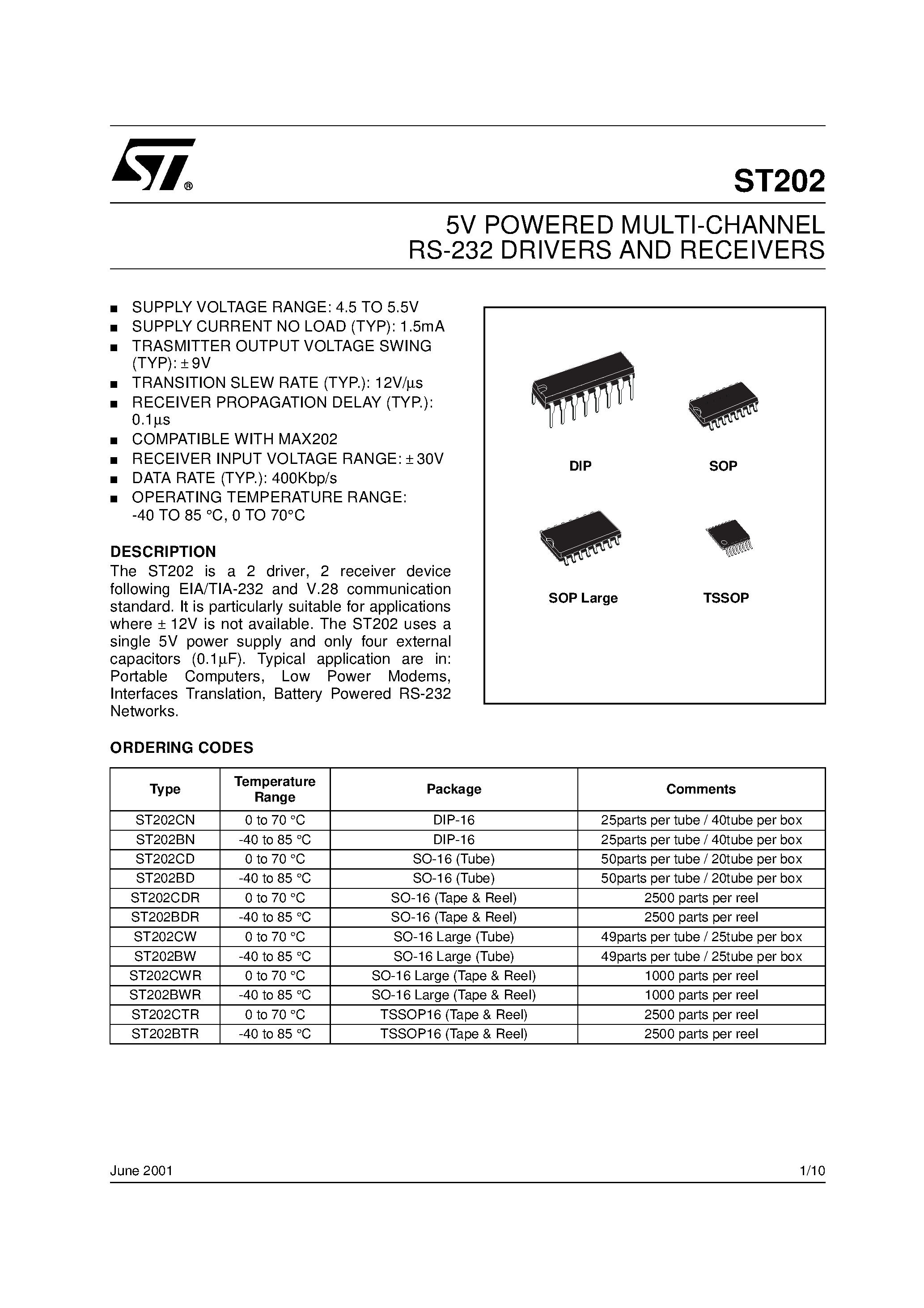 Datasheet ST202 page 1 Datasheet ST202 - 5V POWERED MULTI-CHANNEL RS-232 DRIVERS AND RECEIVERS page 1