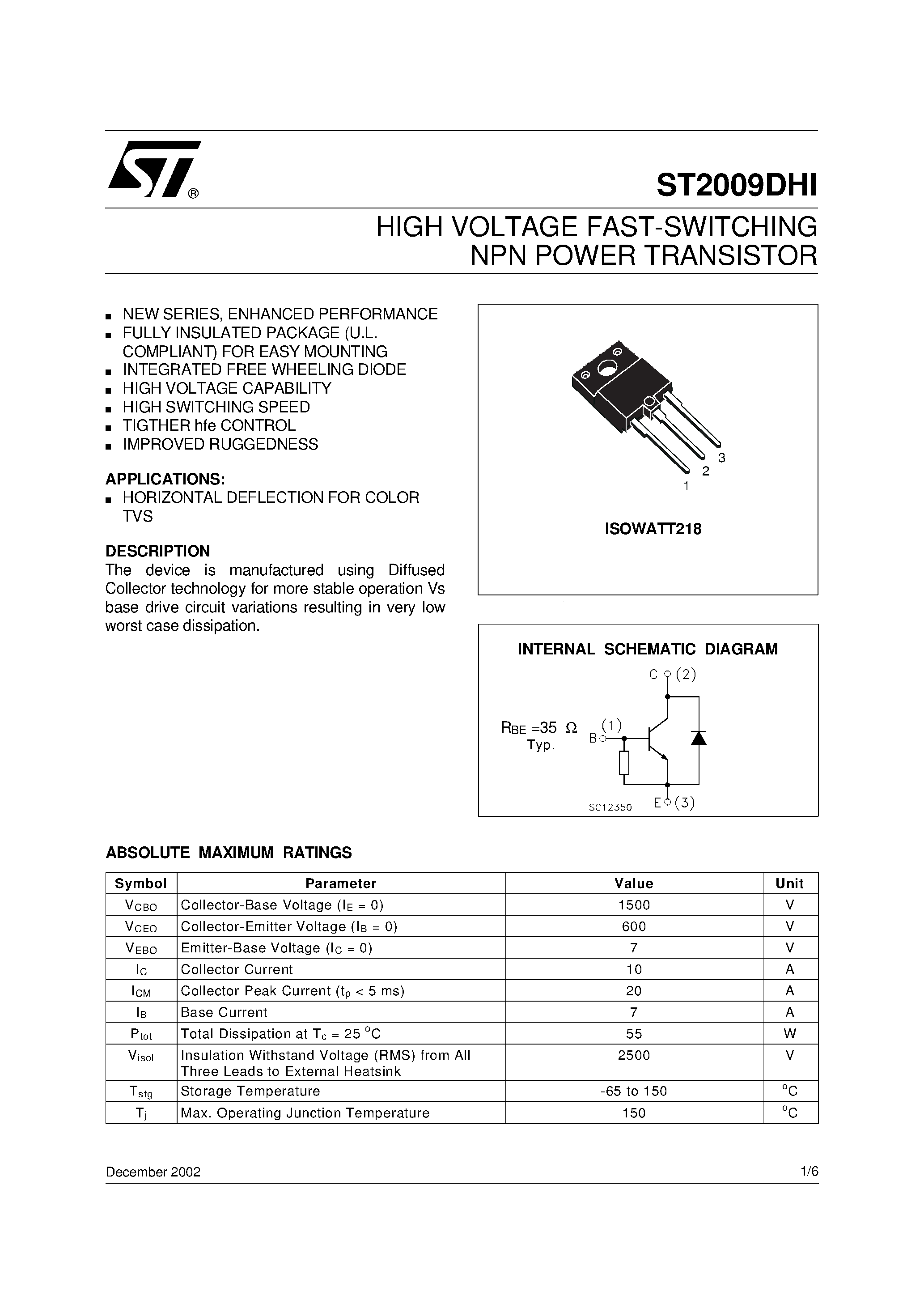 Даташит ST2009DHI - HIGH VOLTAGE FAST-SWITCHING NPN POWER TRANSISTOR страница 1