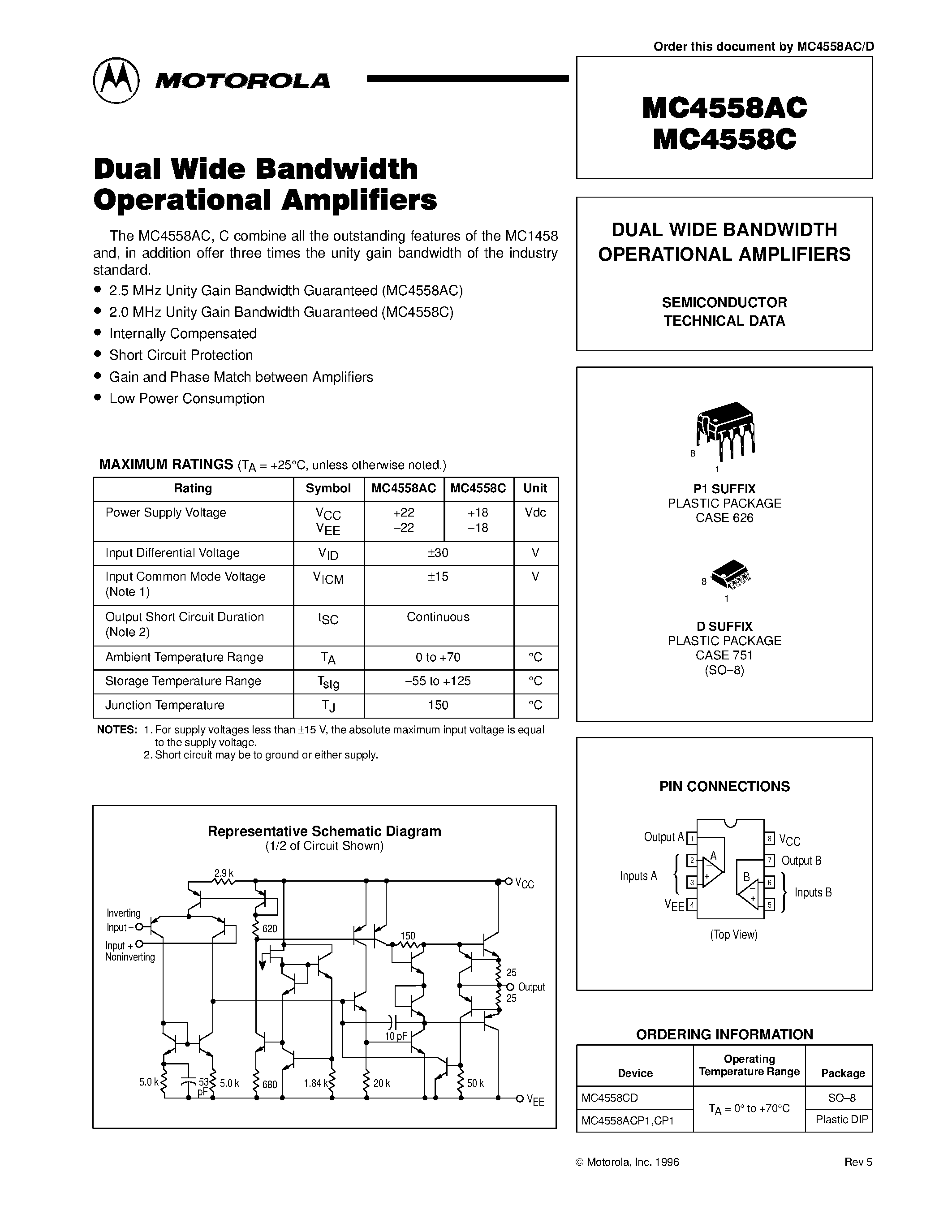 Даташит на микросхему MC4558 страница 1 Даташит MC4558 - DUAL WIDE BANDWIDTH OPERATIONAL AMPLIFIERS страница 1