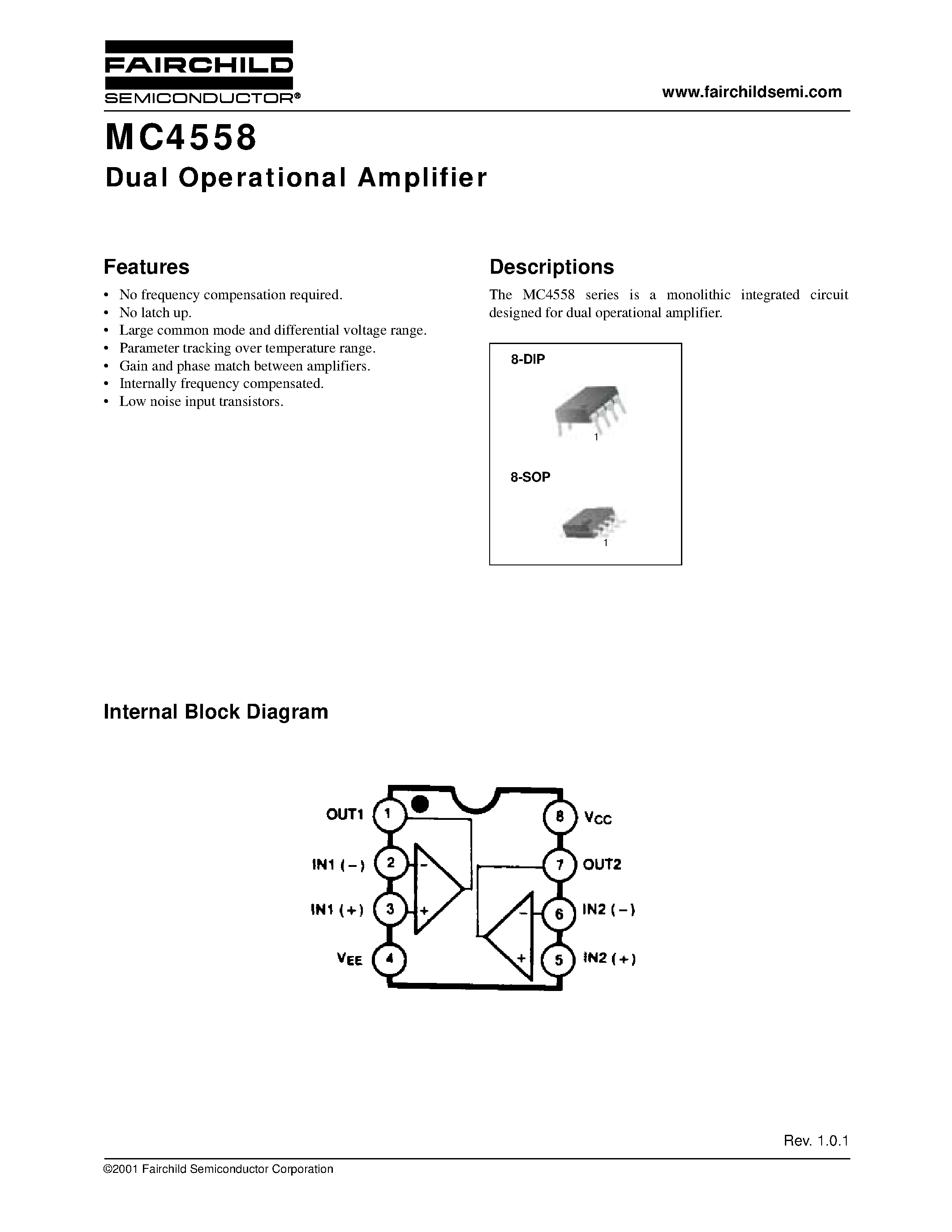 Даташит на микросхему MC4558 страница 1 Даташит MC4558 - Dual Operational Amplifier страница 1