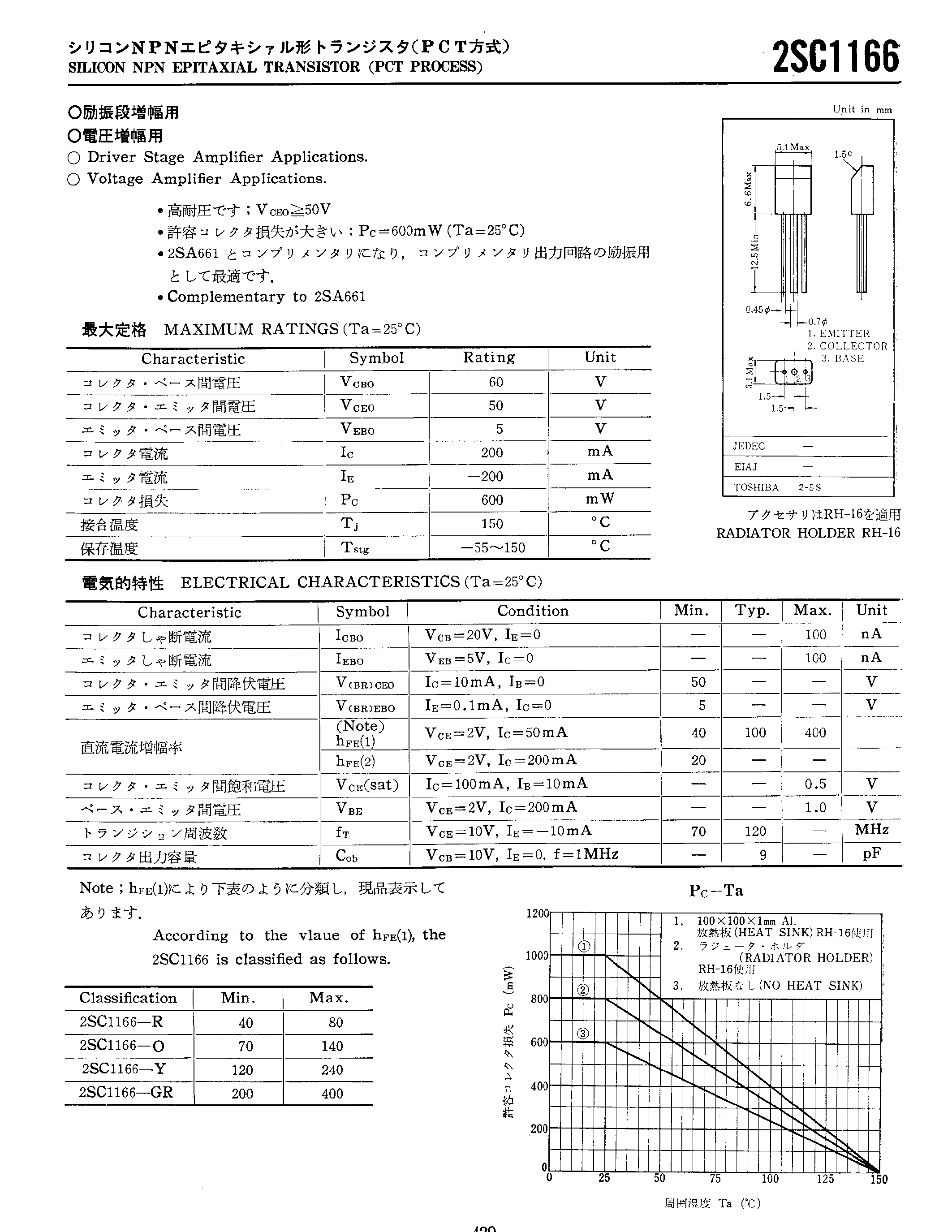 Даташит 2SC1166 - SILICON NPN EPITAXIAL TRANSISTOR страница 1