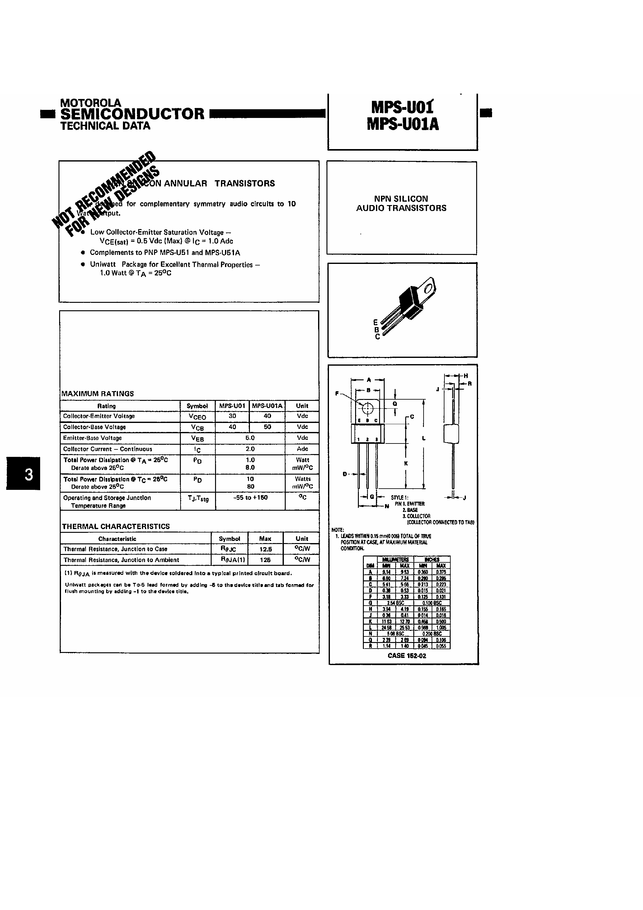 Datasheet MPSU01 page 1 Datasheet MPSU01 - NPN Silicon Audio Transistors page 1