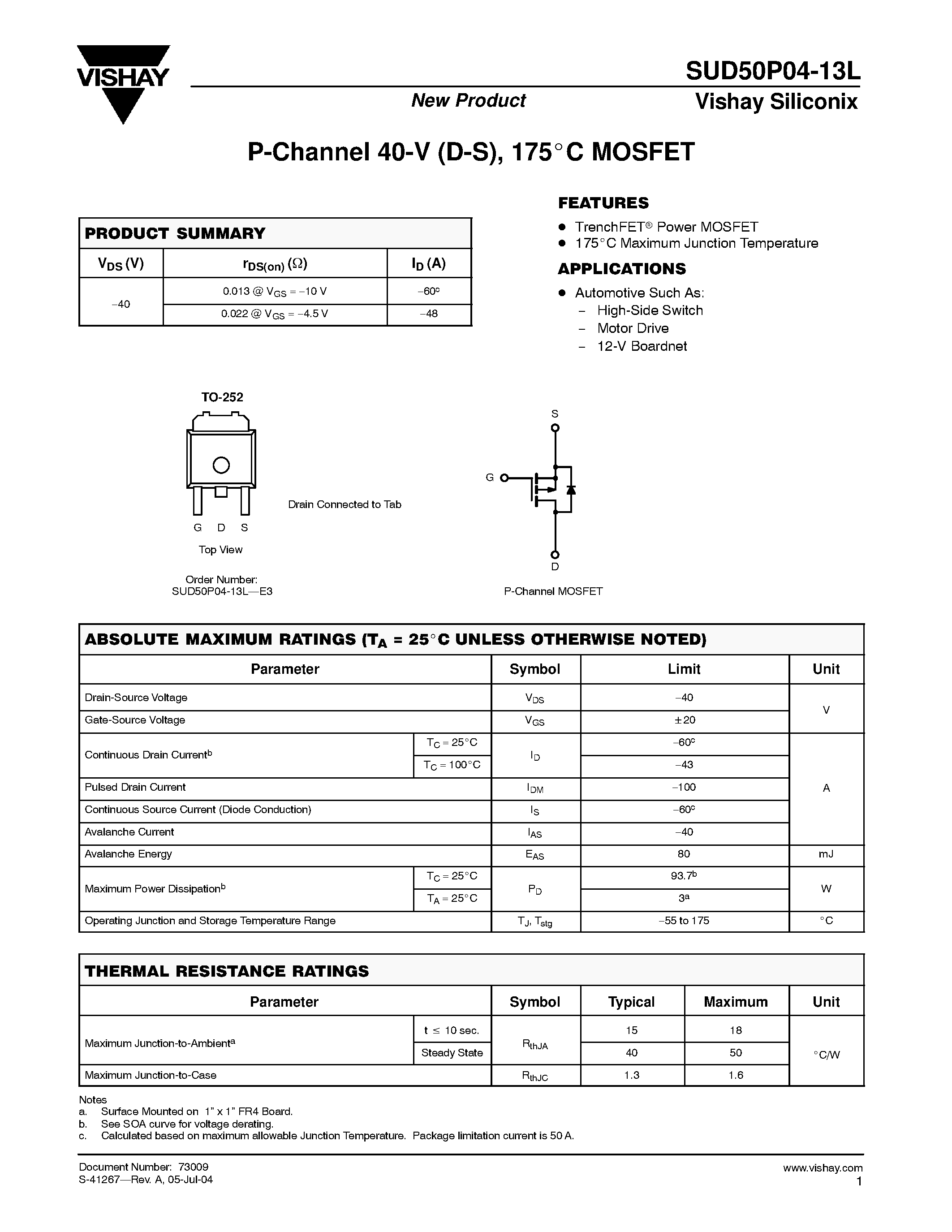 Datasheet SUD50P04-13L - P-Channel MOSFET page 1