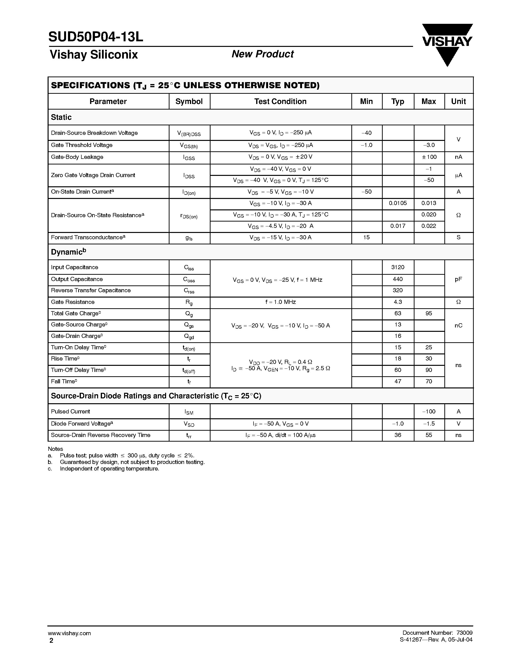 Datasheet SUD50P04-13L - P-Channel MOSFET page 2