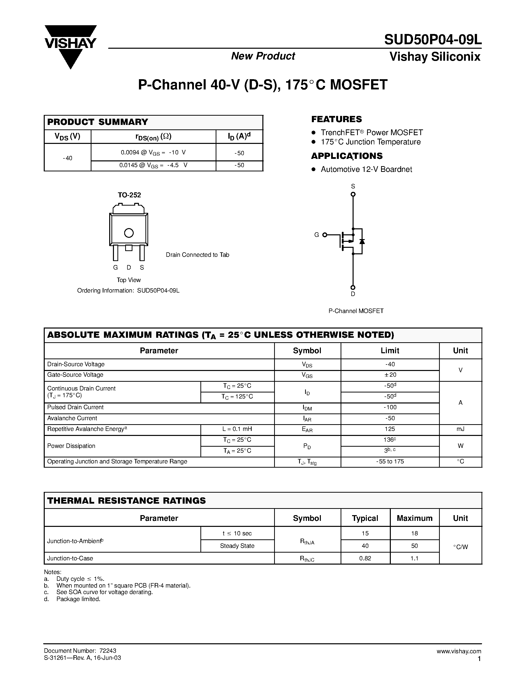 Datasheet SUD50P04-09L - P-Channel MOSFET page 1