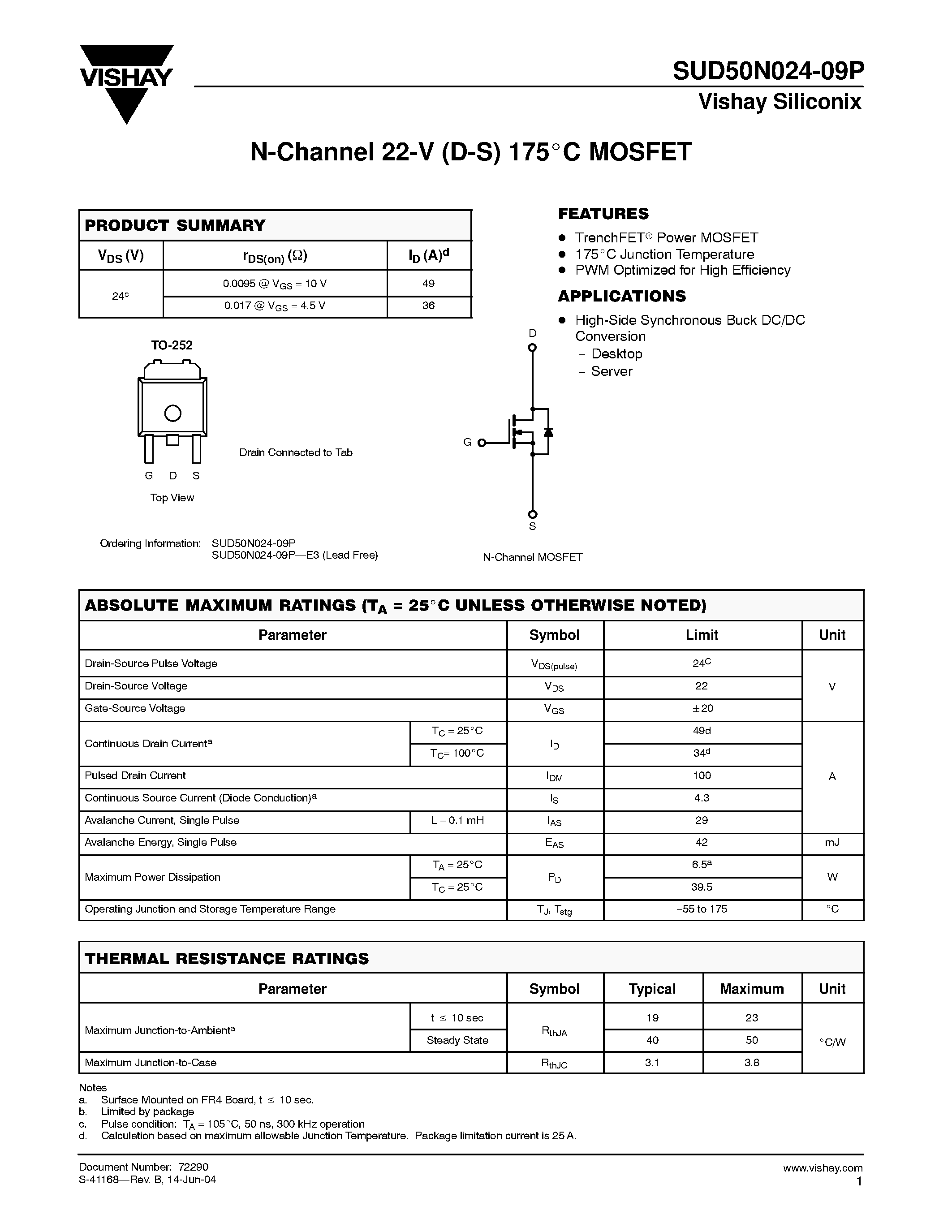 Datasheet SUD50N024-09P - P-Channel MOSFET page 1
