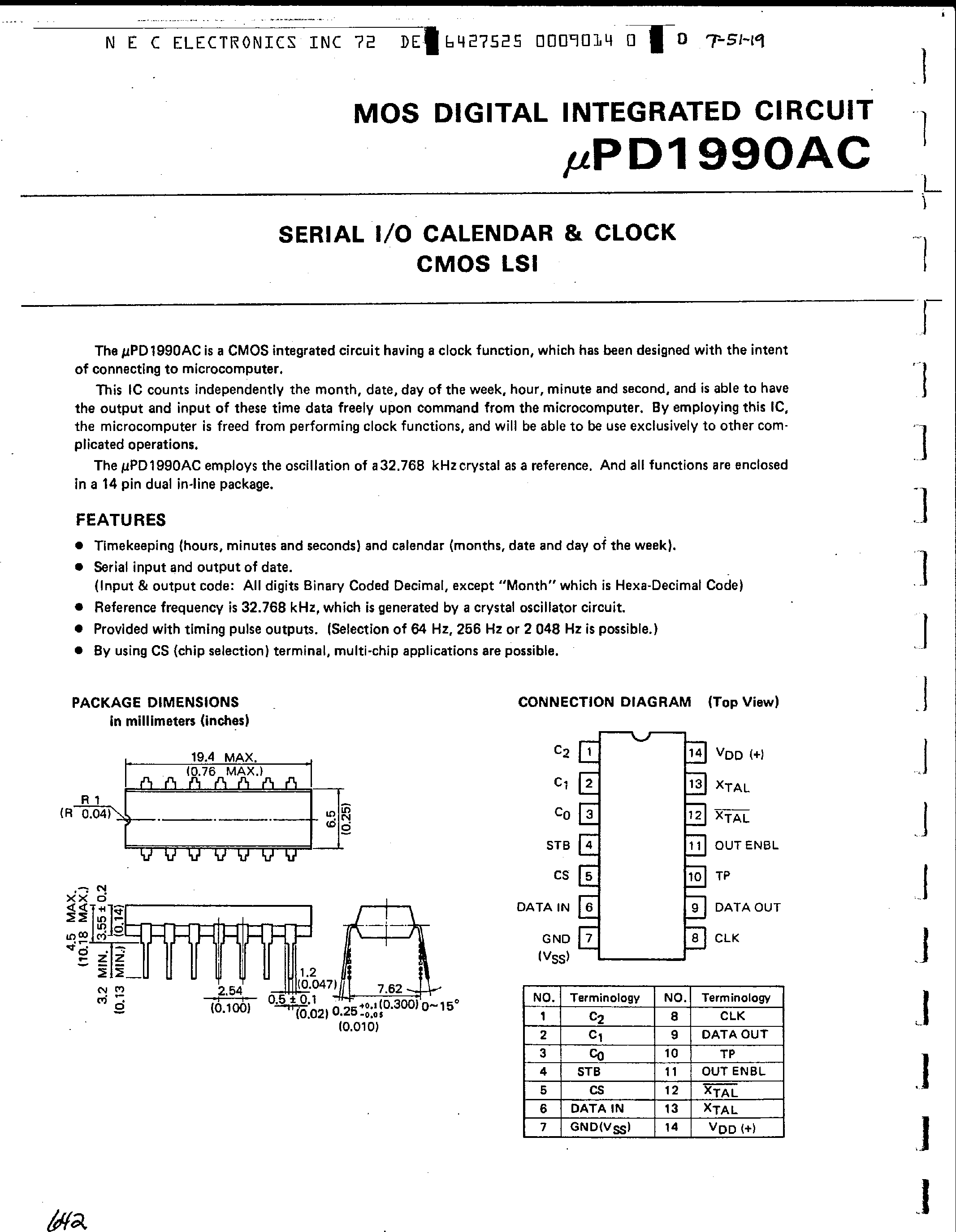 Datasheet UPD1990AC - Serial I/O Calendar and Clock CMOS LSI page 1