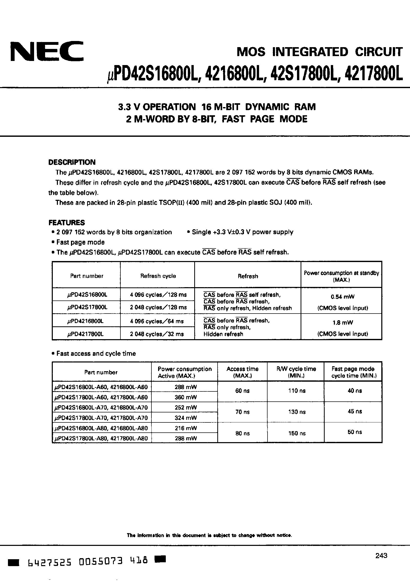 Datasheet UPD4216800 - 3.3V Operation 16M-Bit DRAM page 1