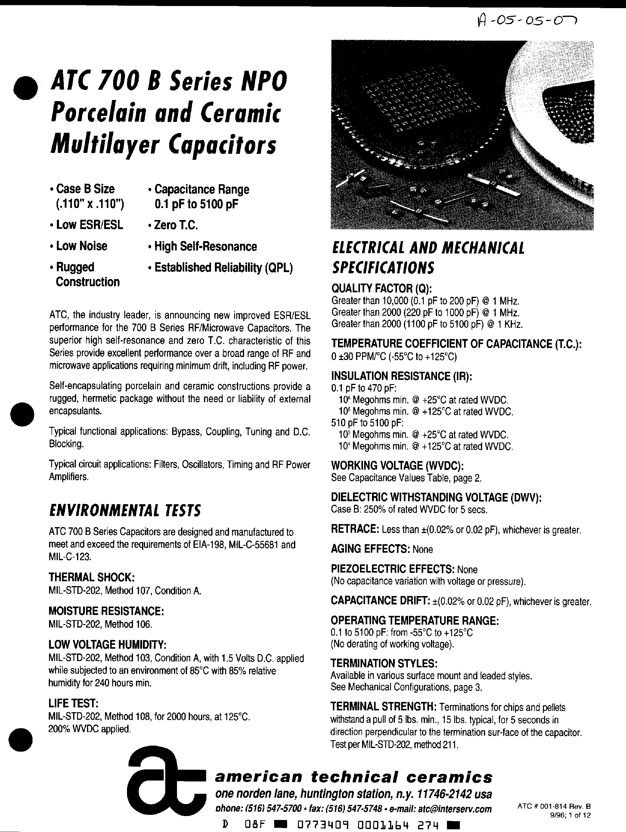 Datasheet ATC700Bxxx page 1 Datasheet ATC700Bxxx - NPO Porcelain and Ceramic Multilayer Capacitors page 1
