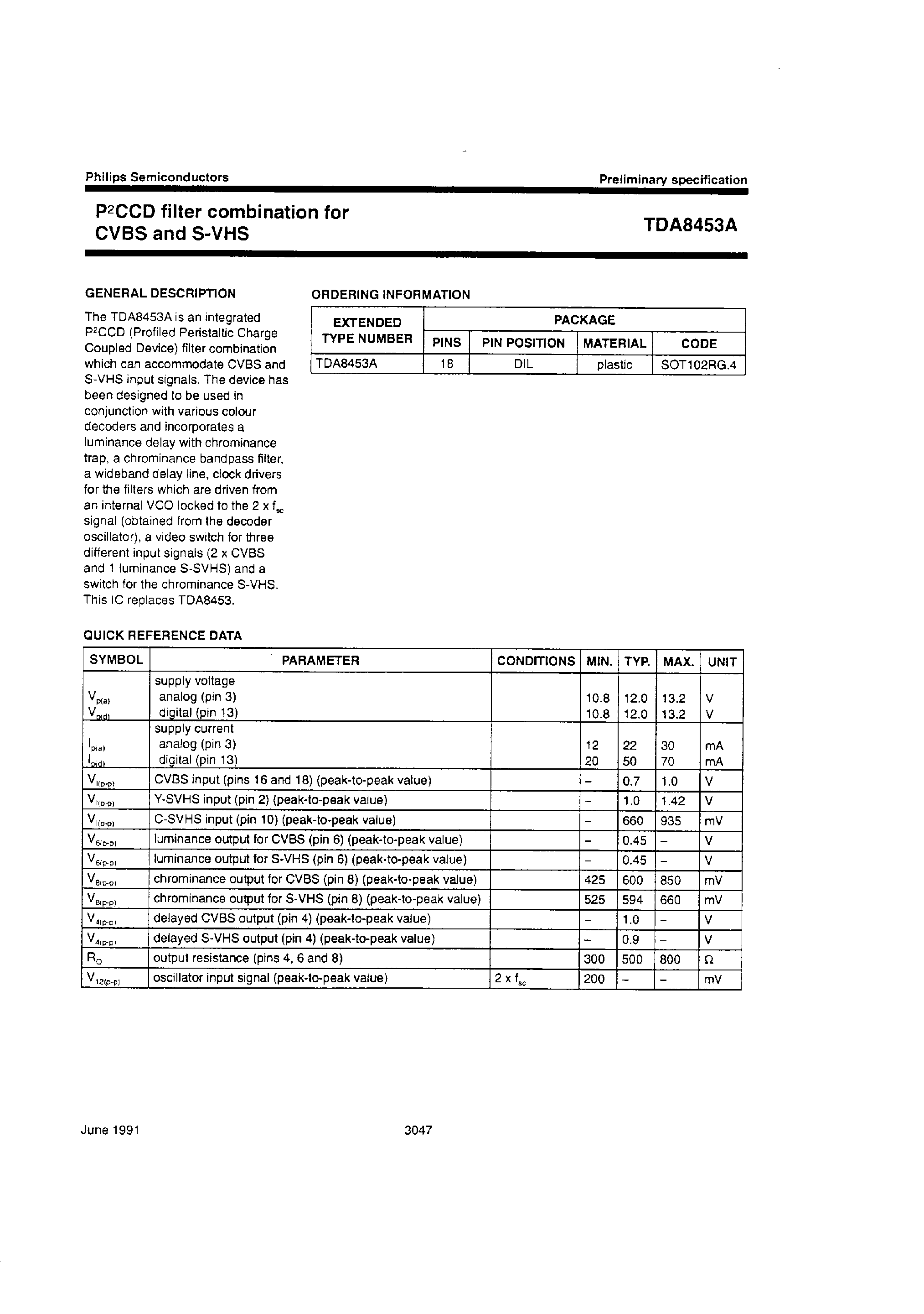 Даташит TDA8453A - P2CCD Filter Combination for CVBS and S-VHS страница 1