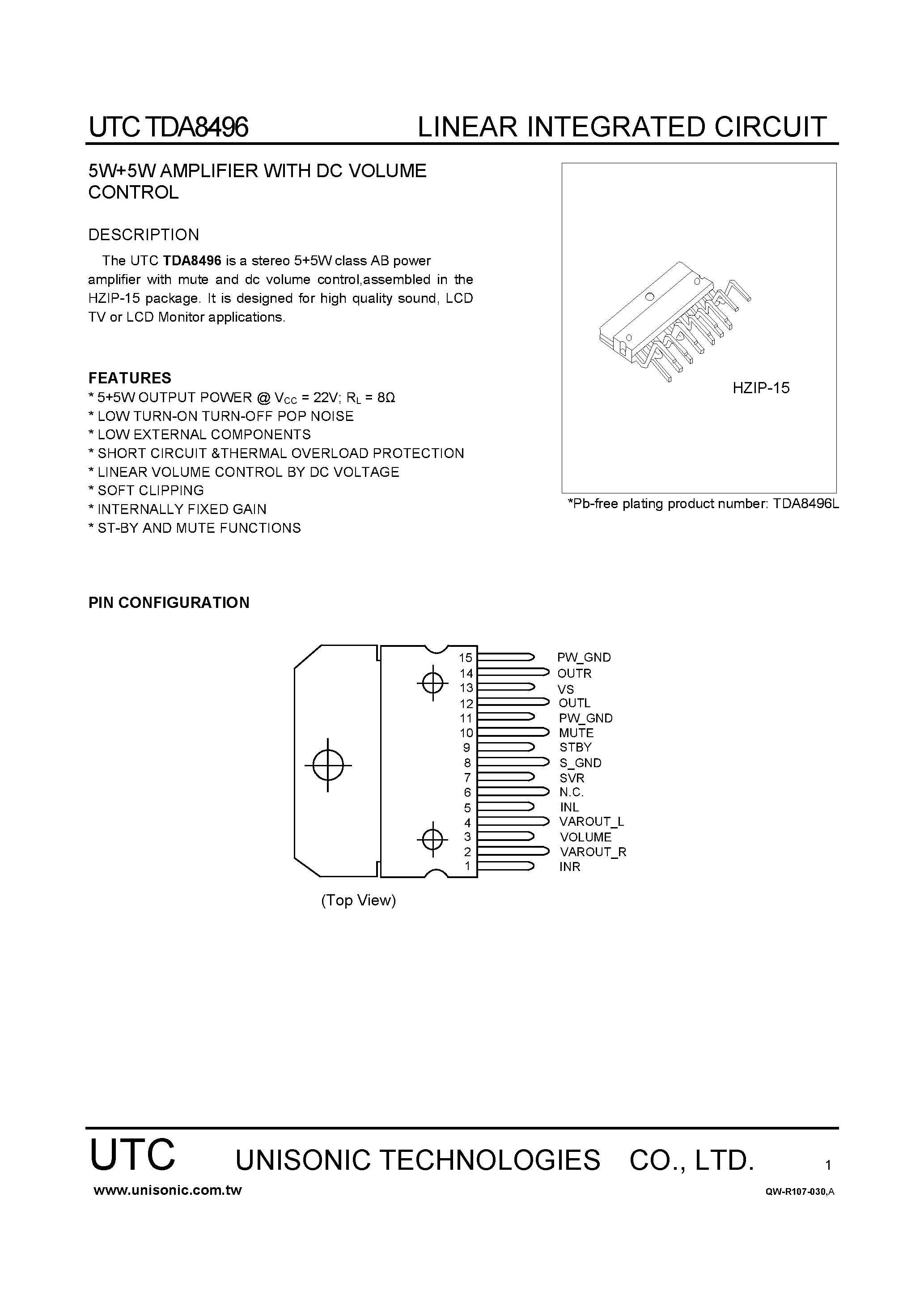 Даташит TDA8496 - 5W + 5W Amplifier with DC Volume Control страница 1