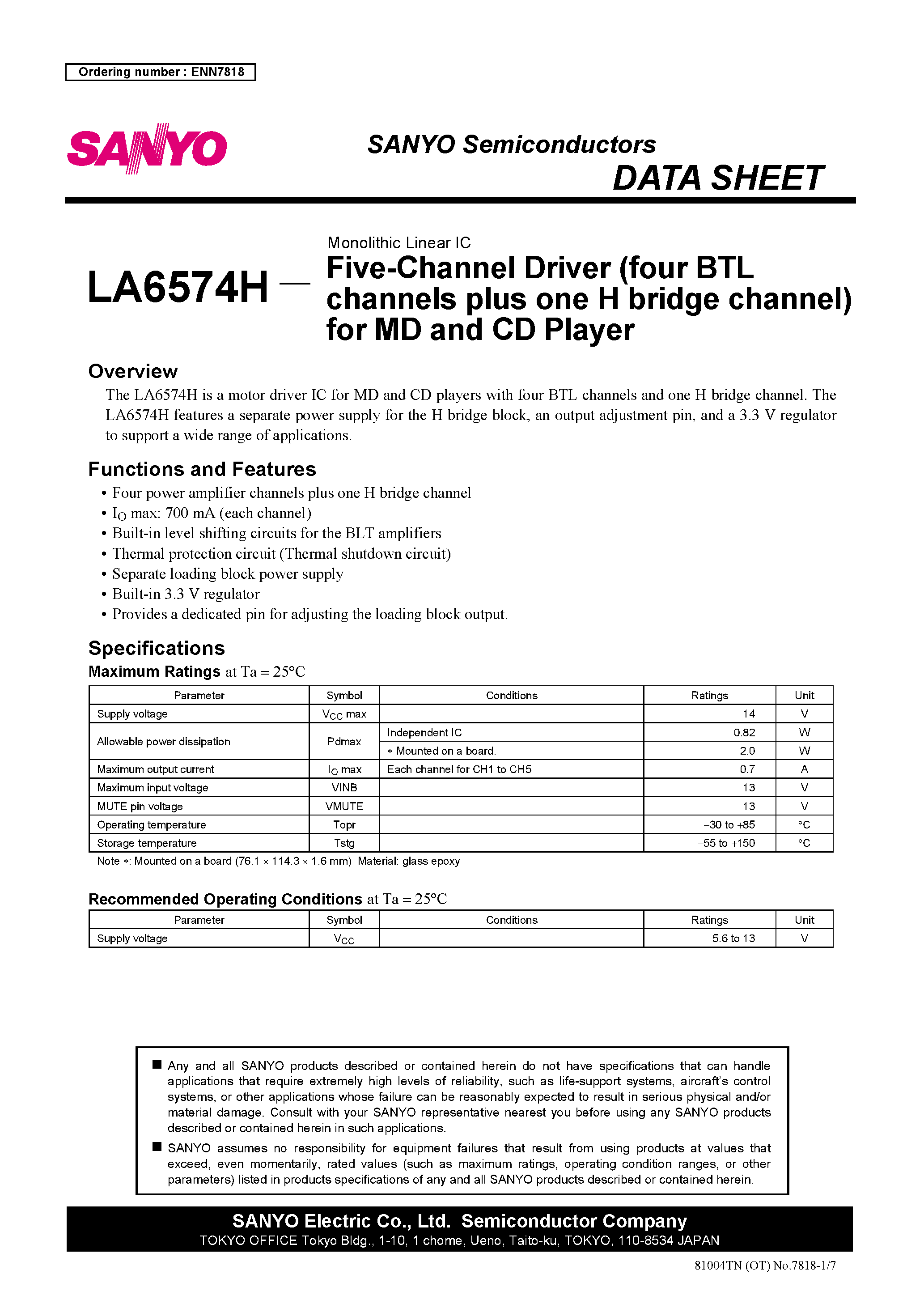 Datasheet LA6574H page 1 Datasheet LA6574H - 5-Channel Driver for MD and CD Player page 1