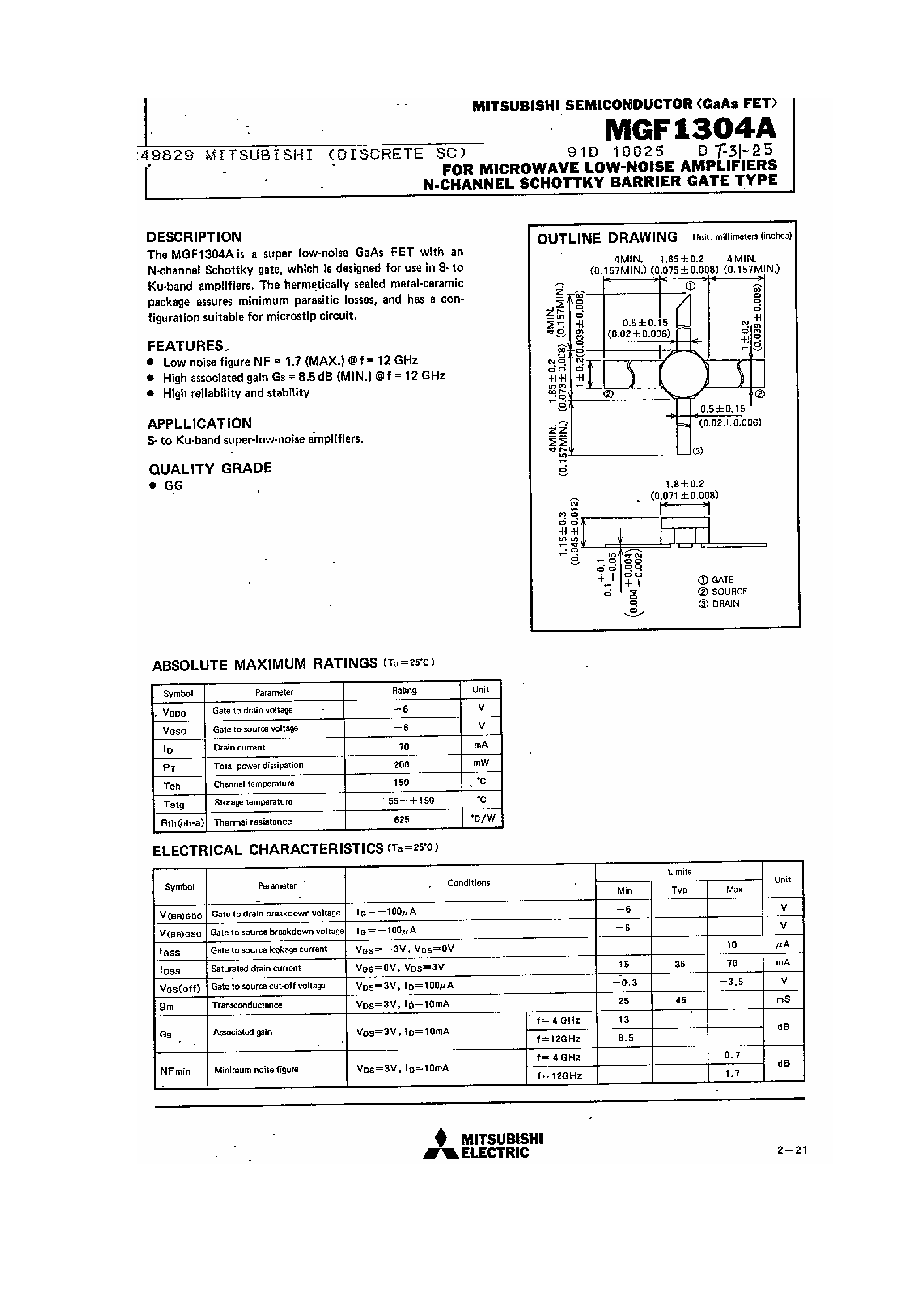 Datasheet MGF1304A - for Microwave Low-Noise Amplifiers N-Channel Schottky Barrier Gate Type page 1