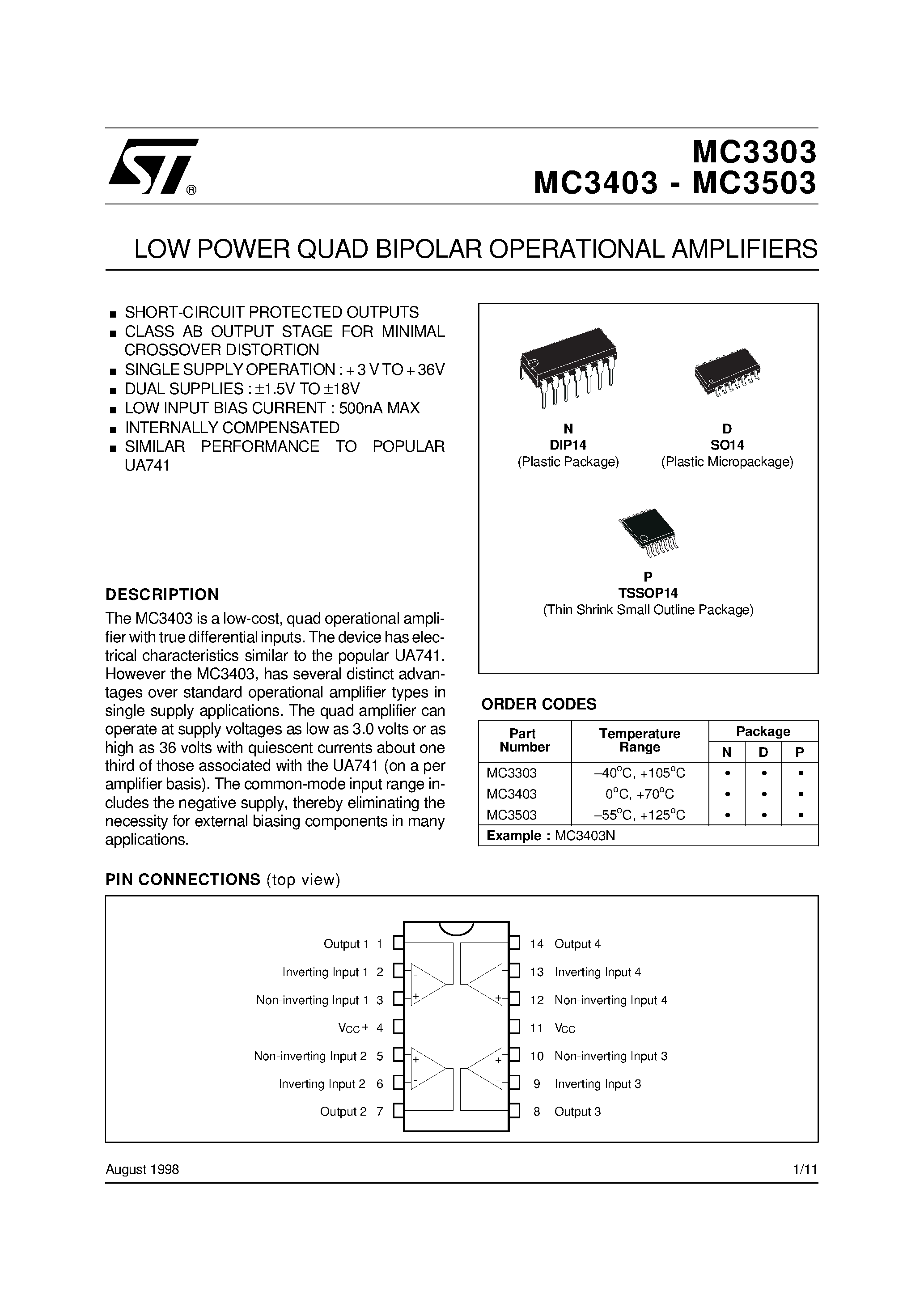 Даташит на микросхему MC3403 страница 1 Даташит MC3403 - LOW POWER QUAD BIPOLAR OPERATIONAL AMPLIFIERS страница 1