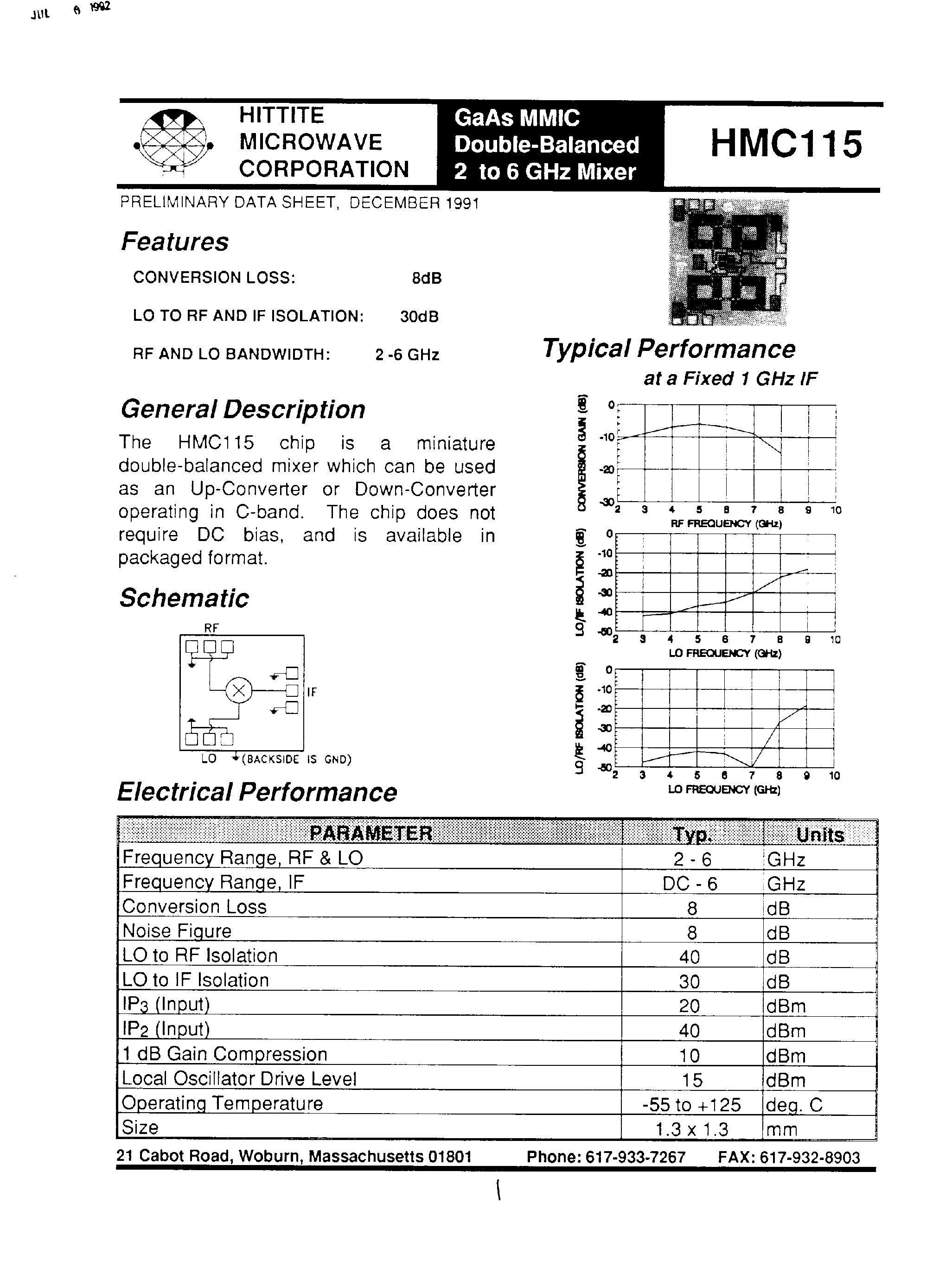 Datasheet HMC115 - GaAs MMIC Double-Balanced 2 to 6 Ghz Mixer page 1