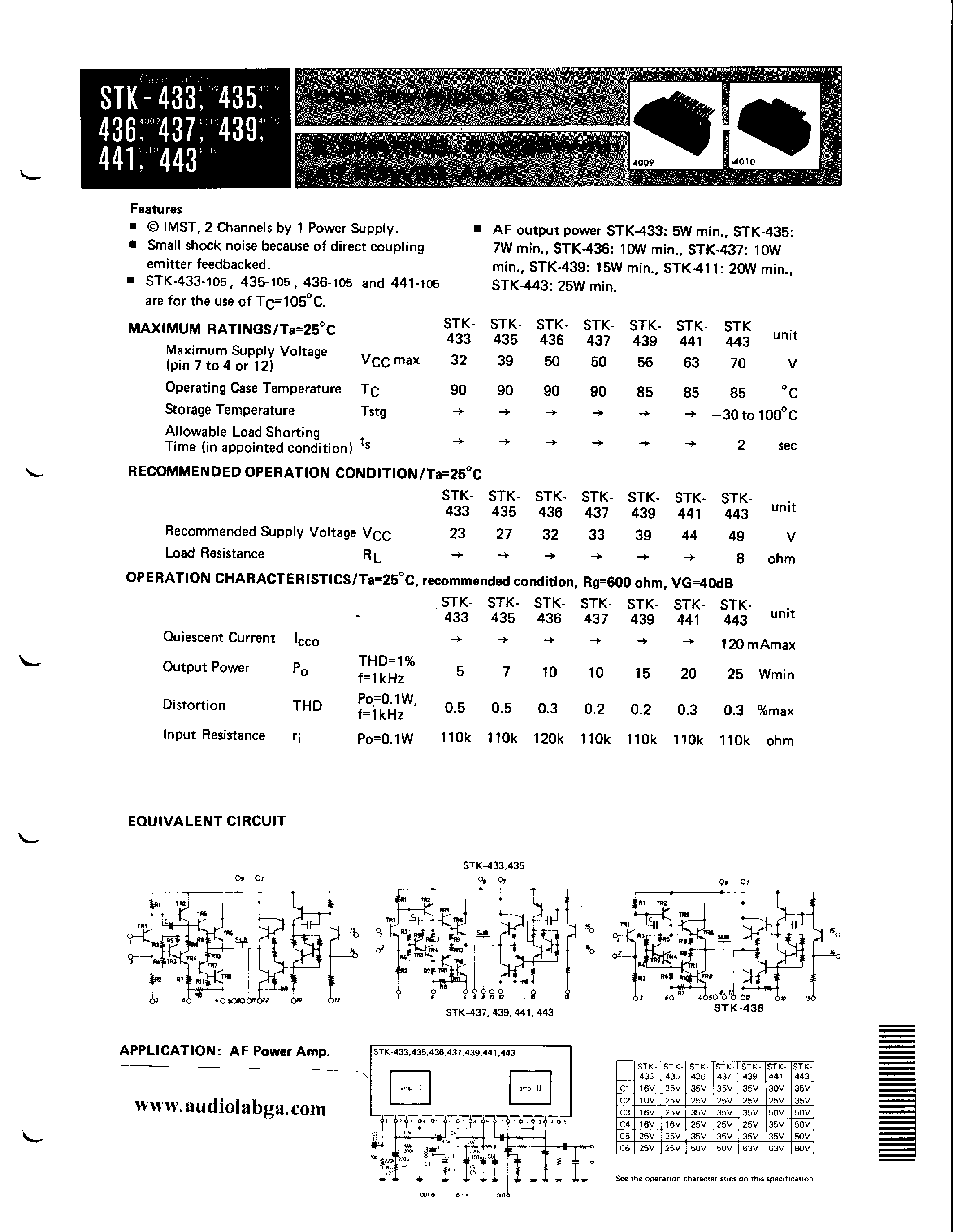 Datasheet STK435 page 1 Datasheet STK435 - (STK433 / STK436 / STK437 / STK439) THICK FILM HYBRID IC page 1