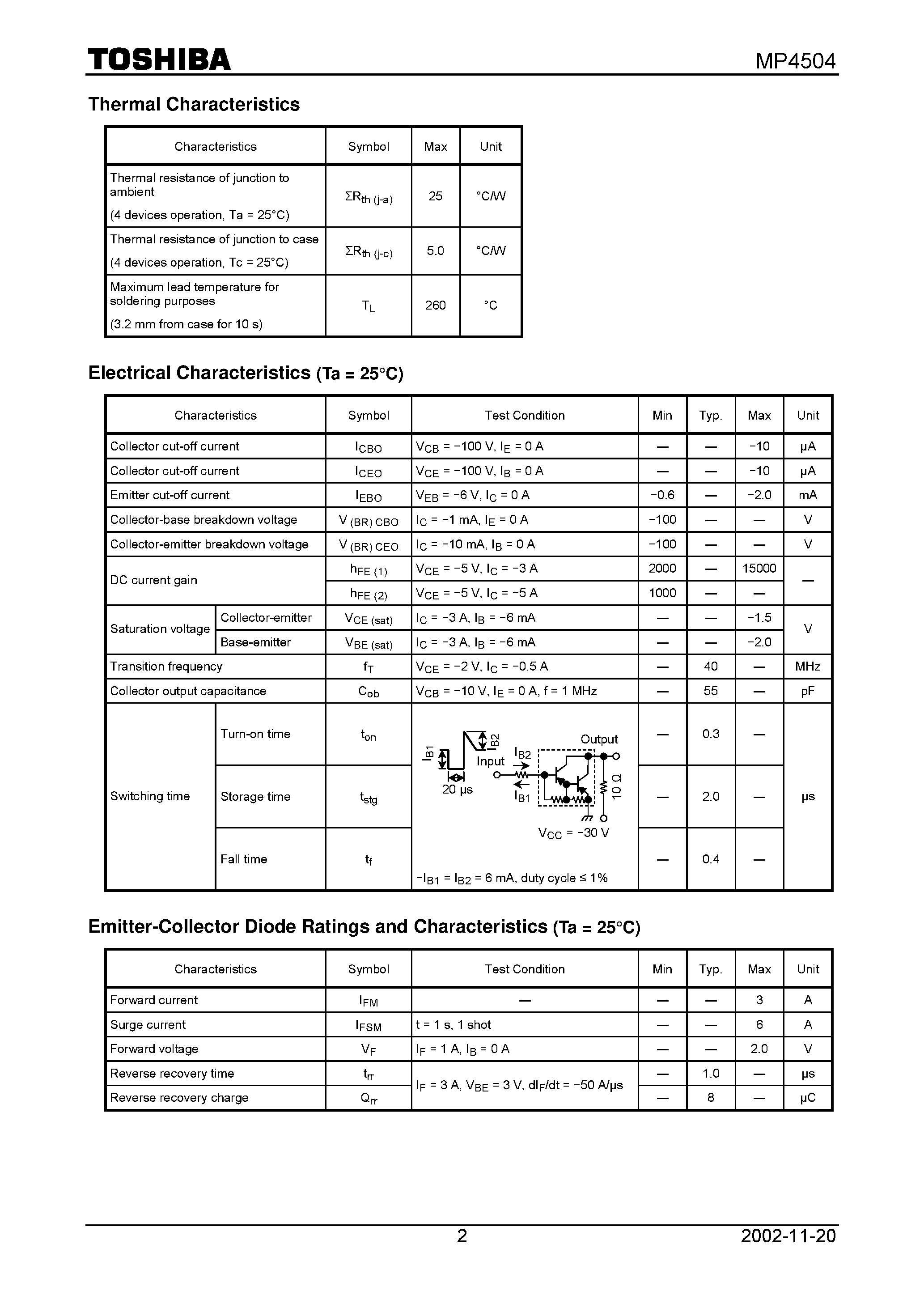Datasheet MP4504 page 2 Datasheet MP4504 - High Power Switching Applications page 2