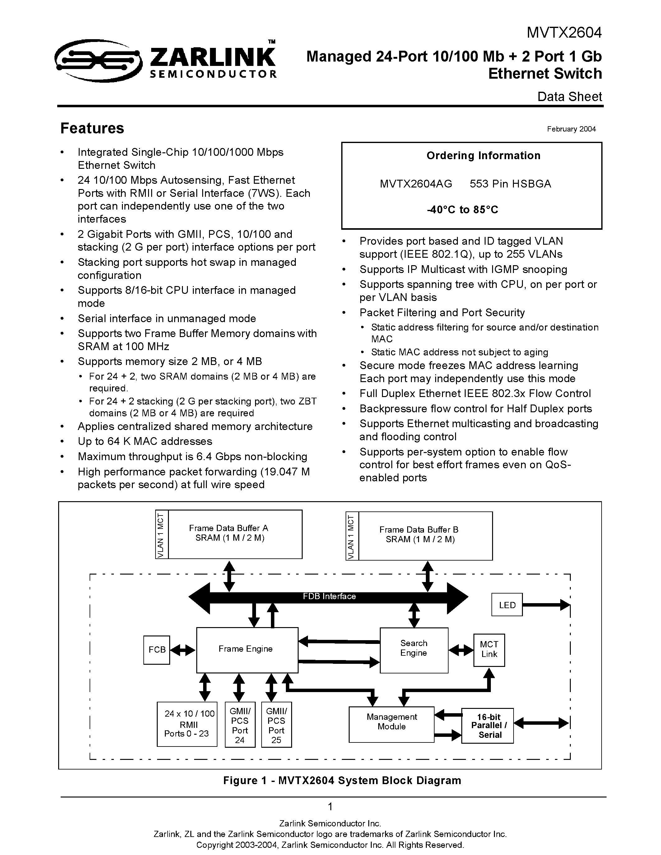 Datasheet MVTX2604 - Managed 24-Port 10/100 Mb + 2 Port 1 Gb Ethernet Switch page 1