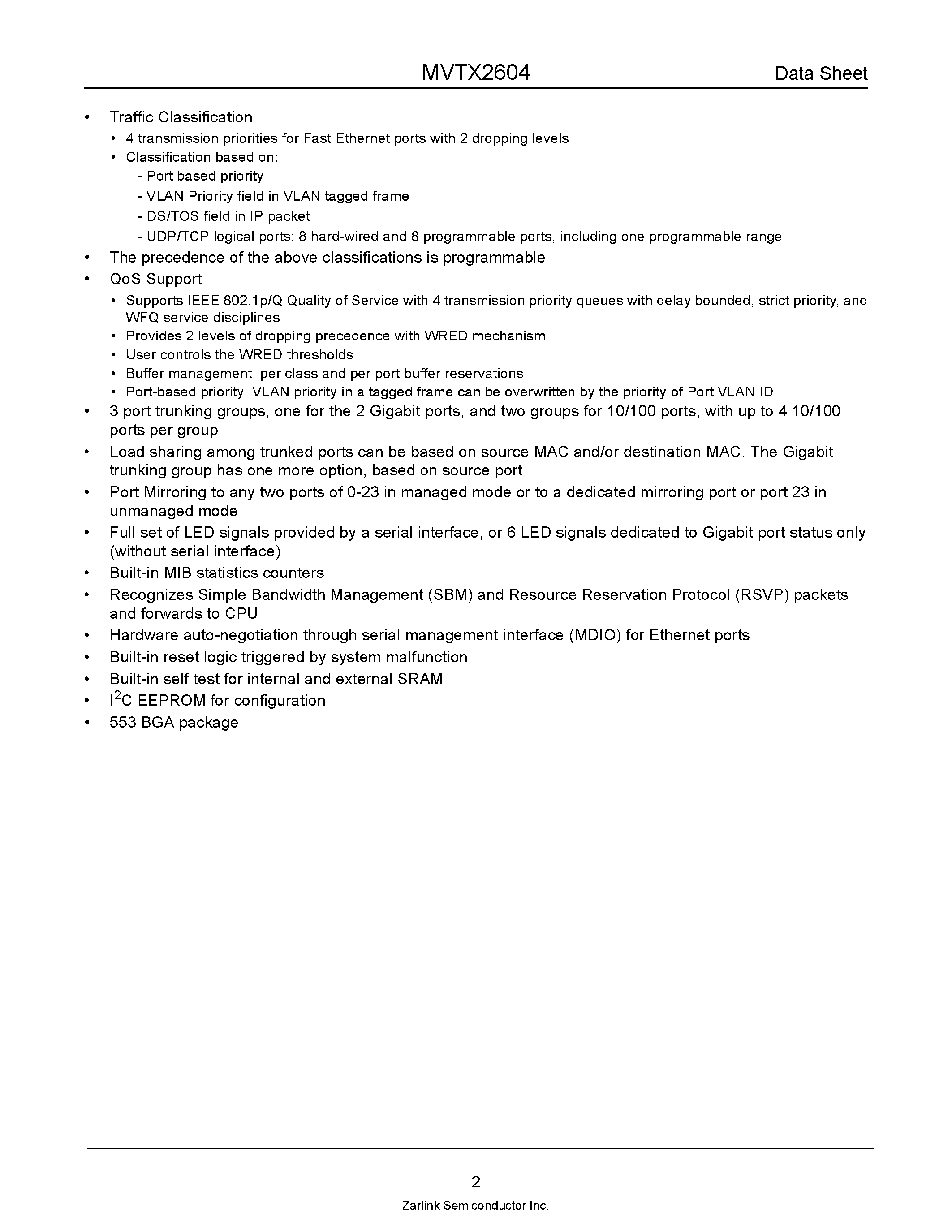 Datasheet MVTX2604 - Managed 24-Port 10/100 Mb + 2 Port 1 Gb Ethernet Switch page 2