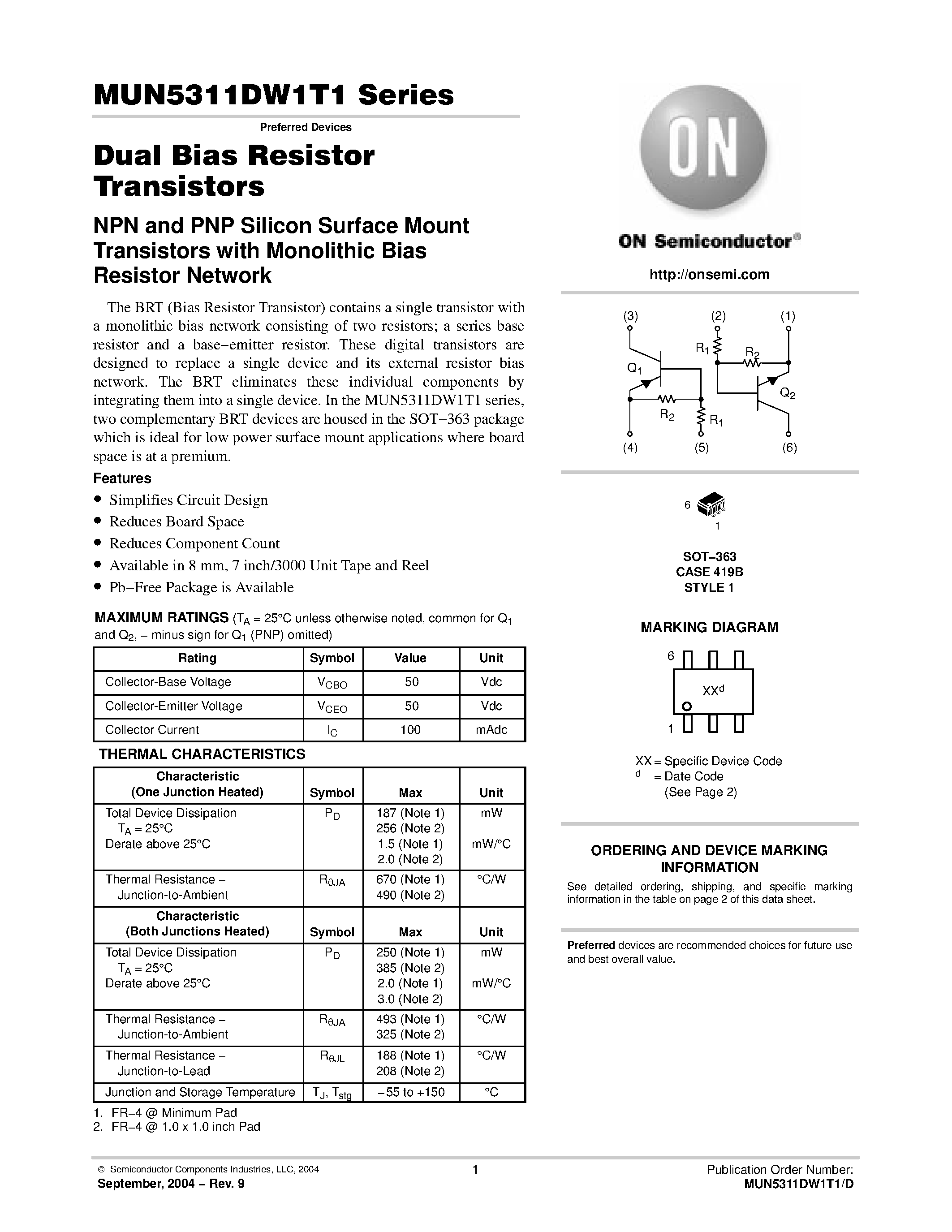 Datasheet MUN53xxDW1T1 - Dual Bias Resistor Transistors page 1