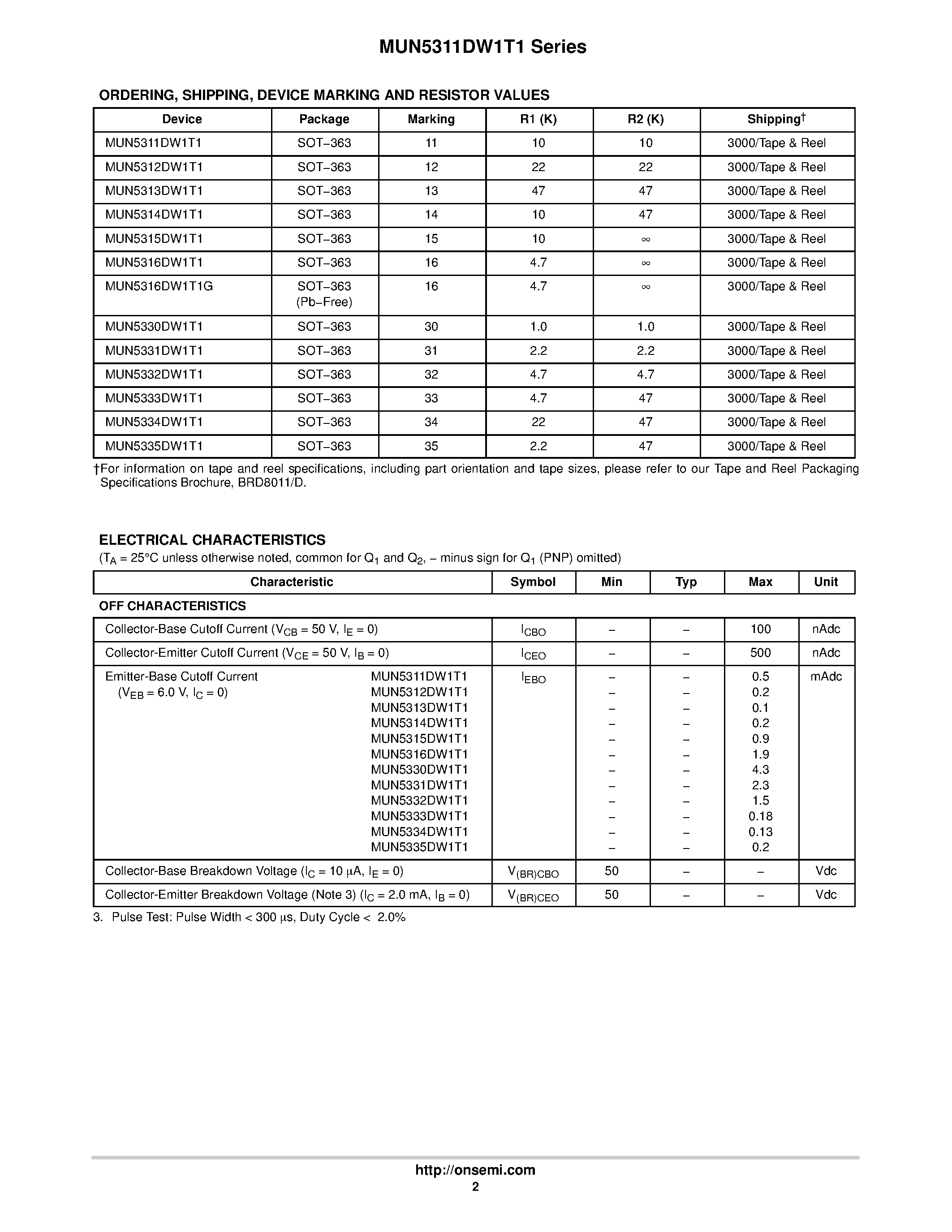 Datasheet MUN53xxDW1T1 - Dual Bias Resistor Transistors page 2
