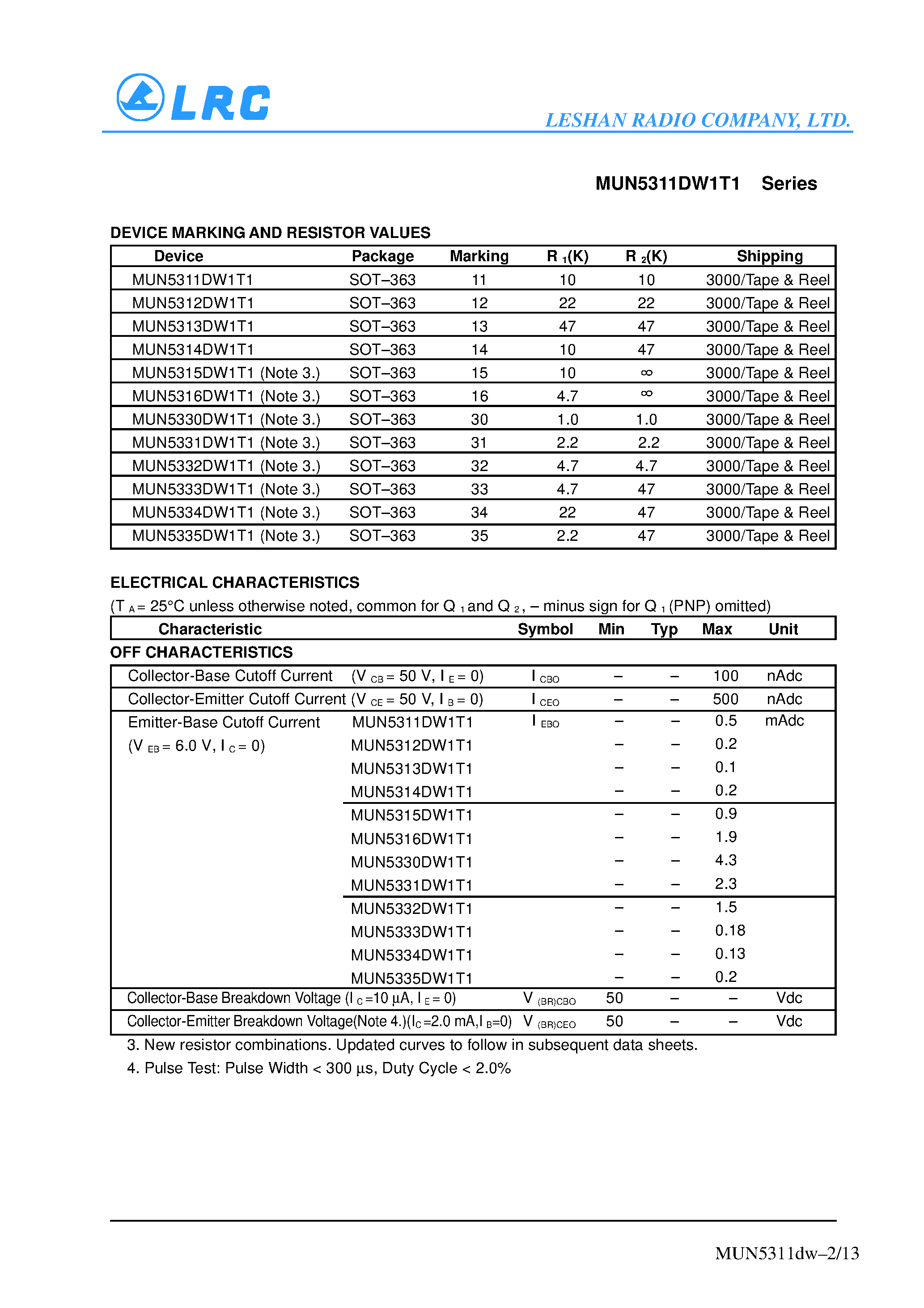 Datasheet MUN53xxDW1T1 - Dual Bias Resistor Transistors page 2