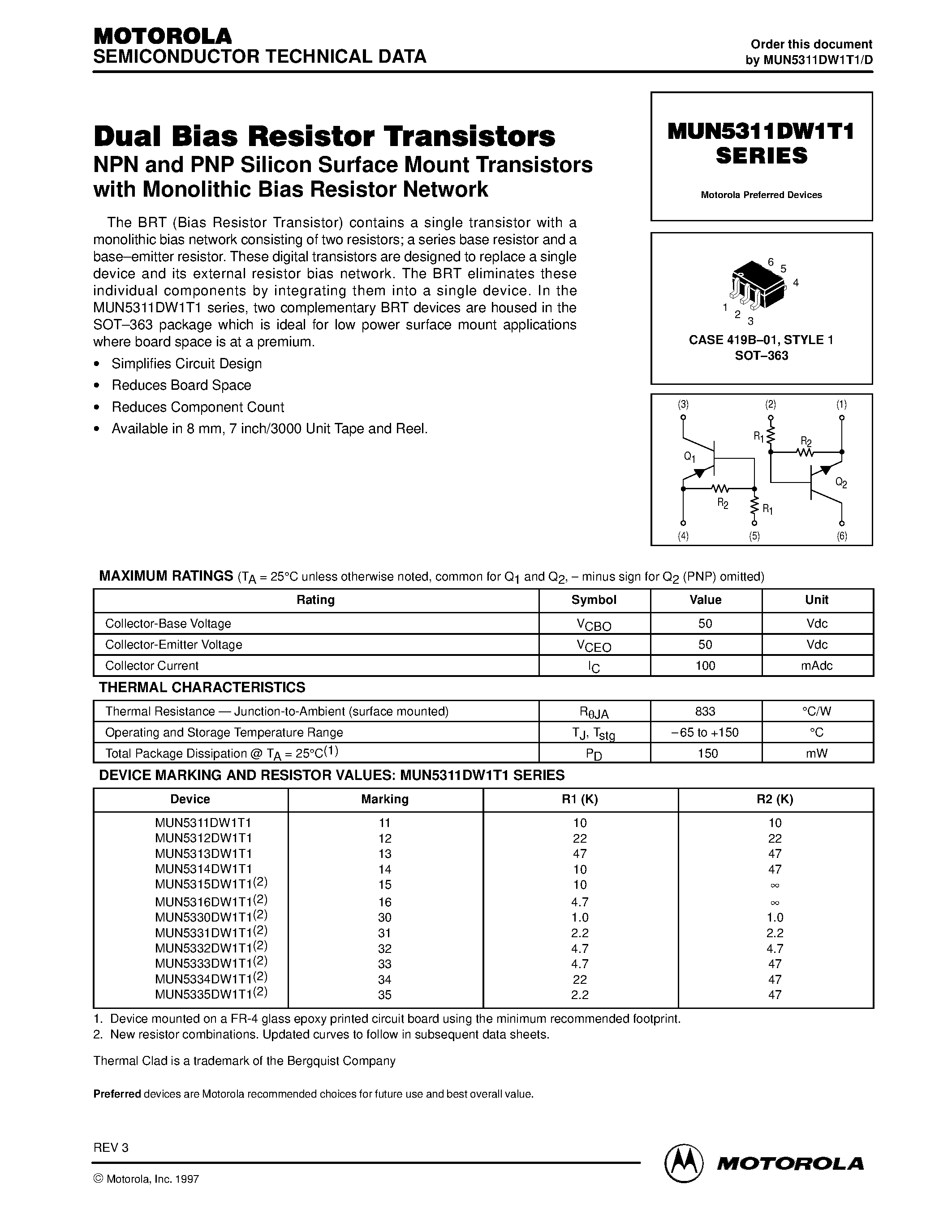 Datasheet MUN53xxDW1T1 - Dual Bias Resistor Transistors page 1