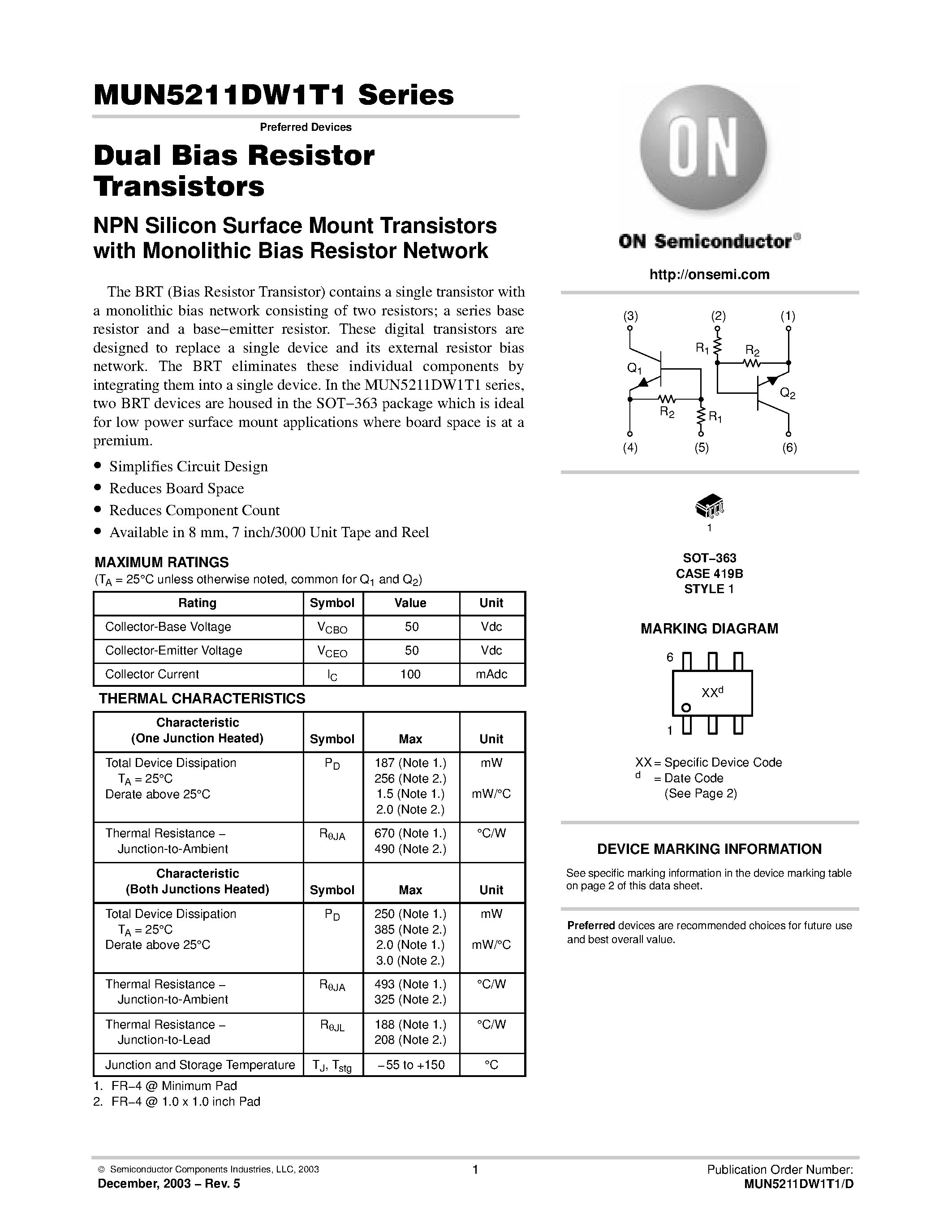 Datasheet MUN52xxDW1T1 - Dual Bias Resistor Transistors page 1
