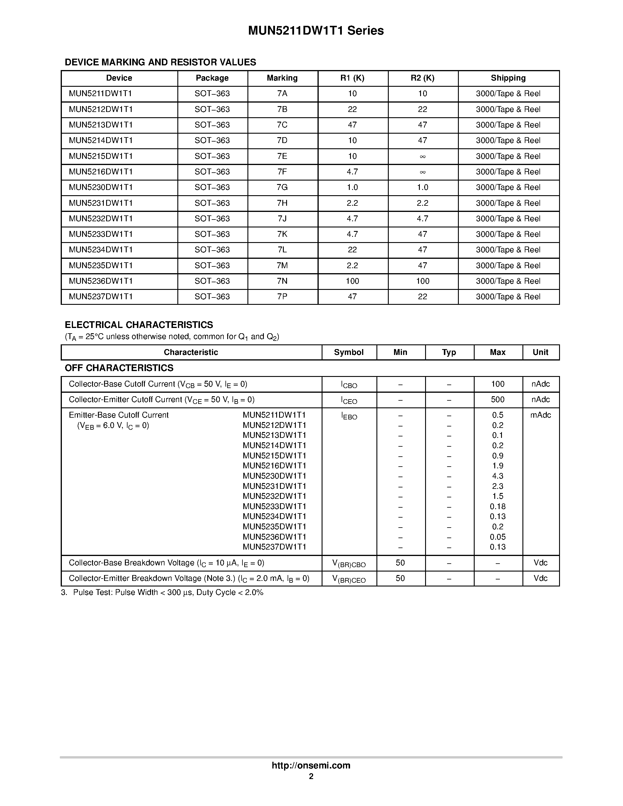 Datasheet MUN52xxDW1T1 - Dual Bias Resistor Transistors page 2