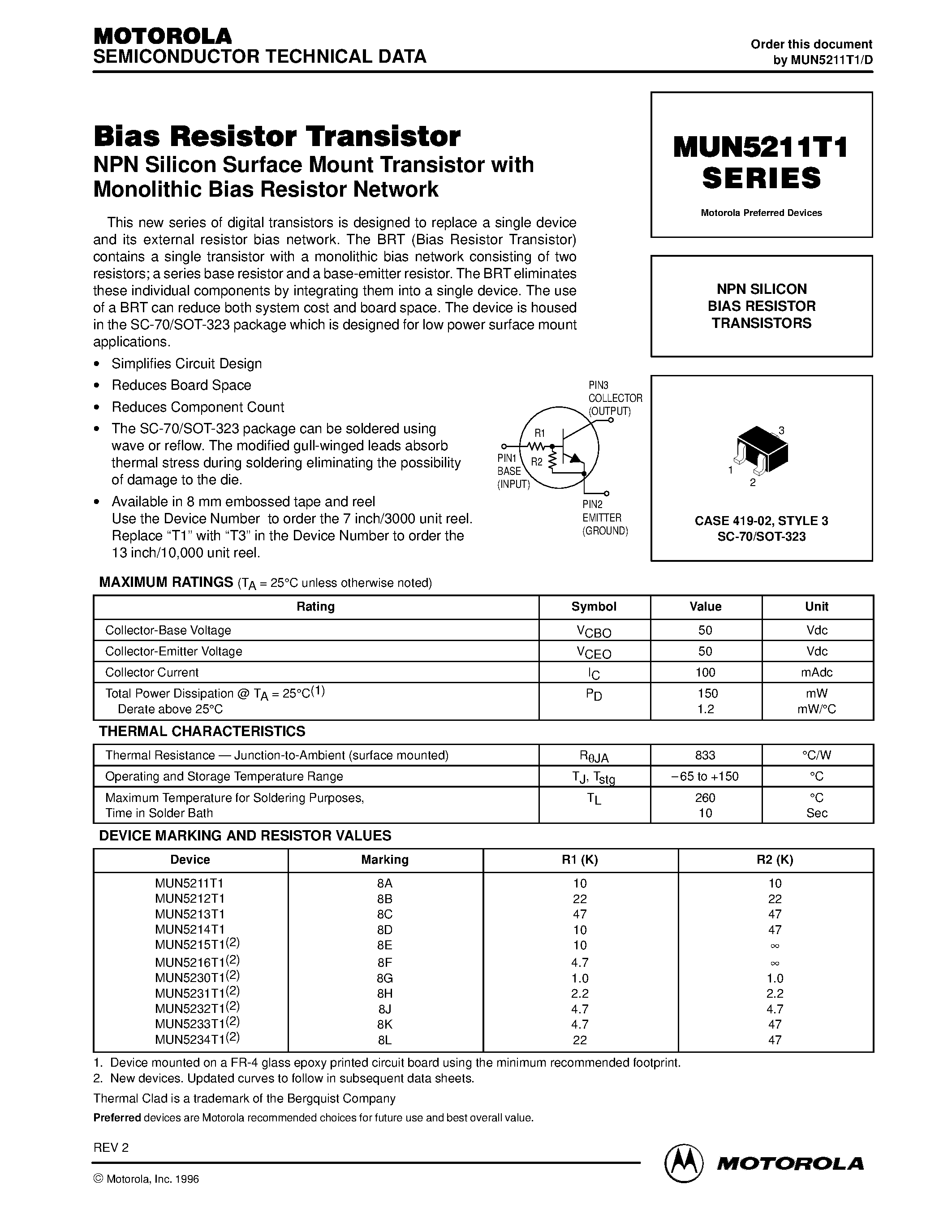 Datasheet MUN52xxT1 - NPN SILICON BIAS RESISTOR TRANSISTORS page 1