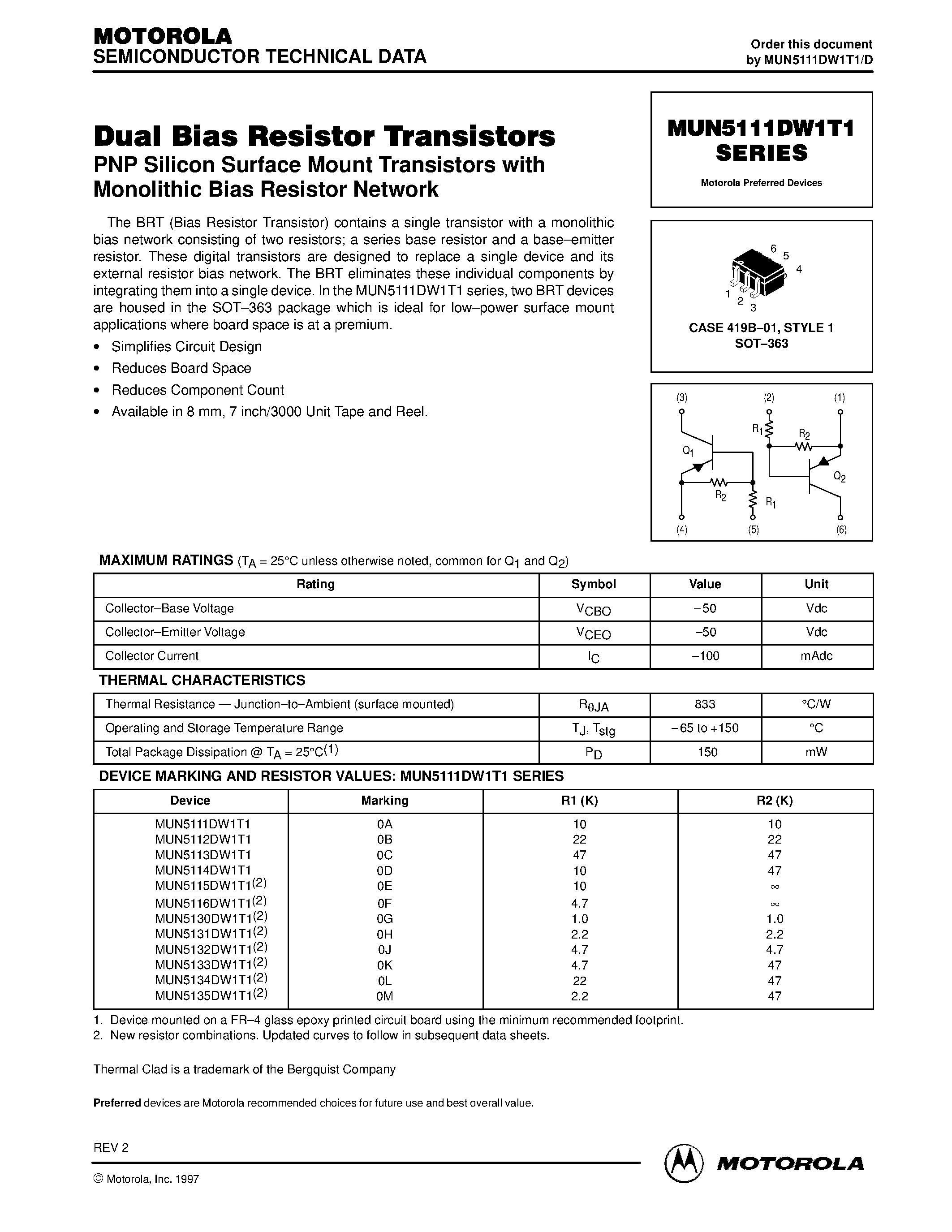Datasheet MUN51xxDW1T1 - Dual Bias Resistor Transistors page 1