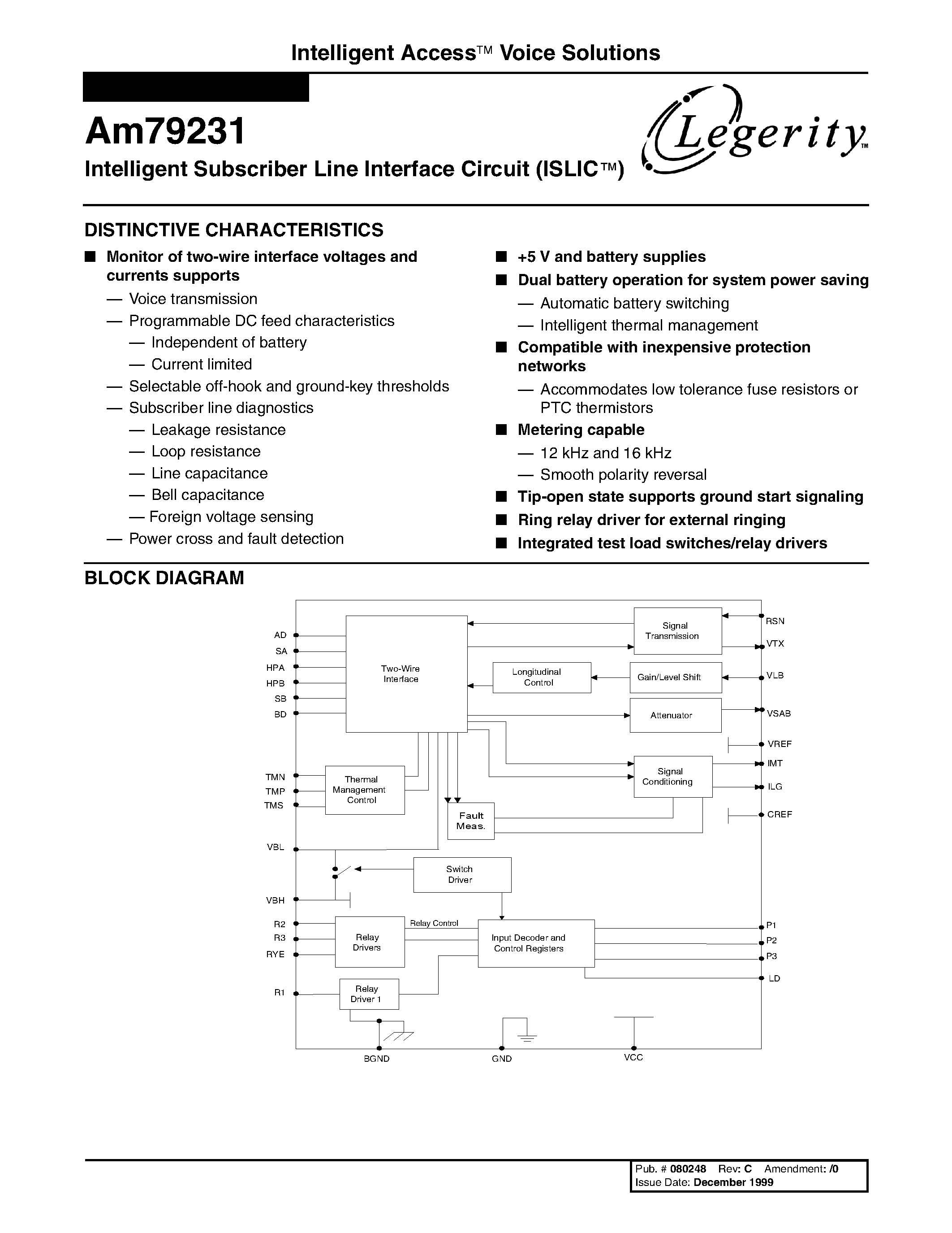 Datasheet AM79231 - Intelligent Subscriber Line Interface Circuit page 1