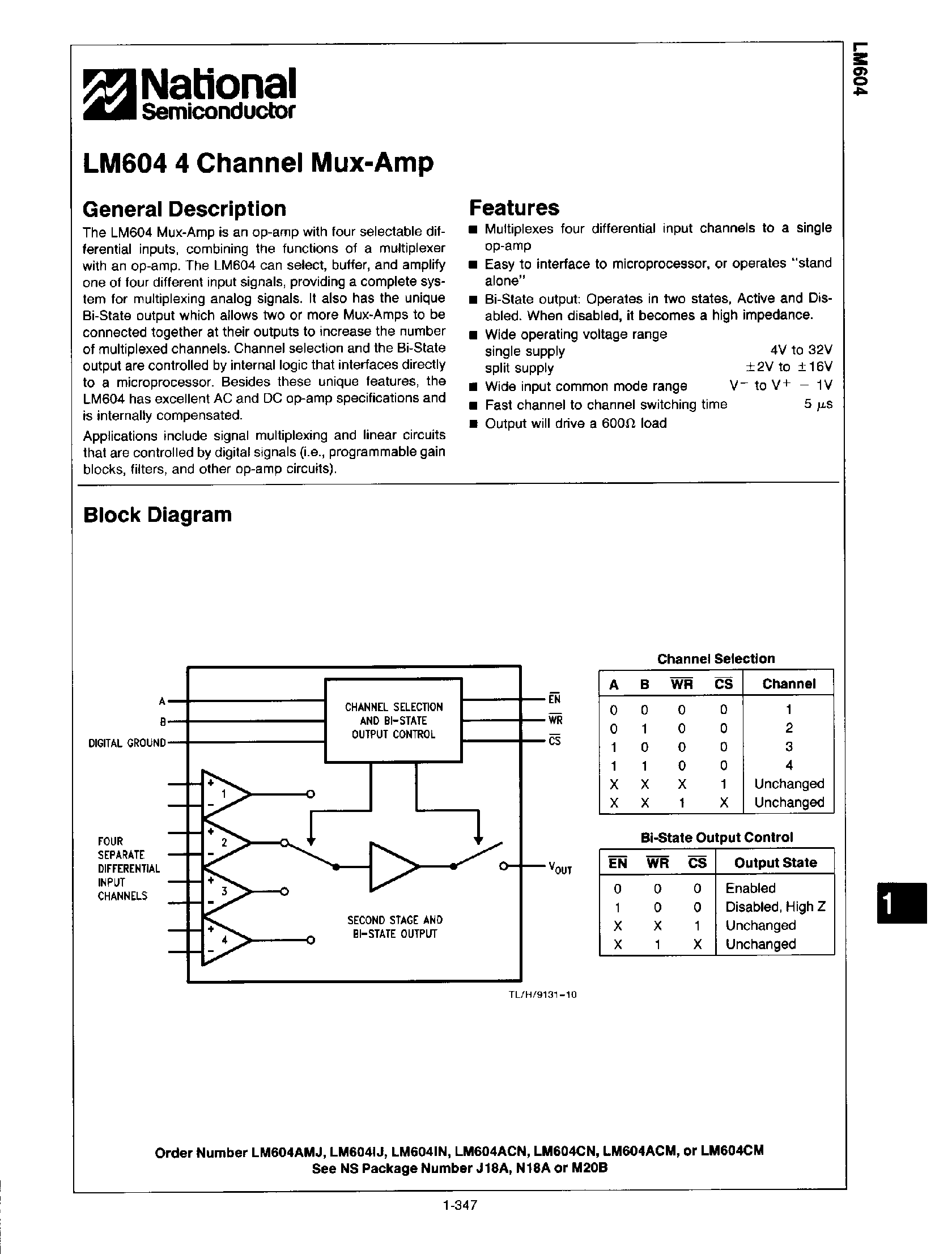 Даташит на микросхему LM604 страница 1 Даташит LM604 - 4-Channel Mux-Amp страница 1