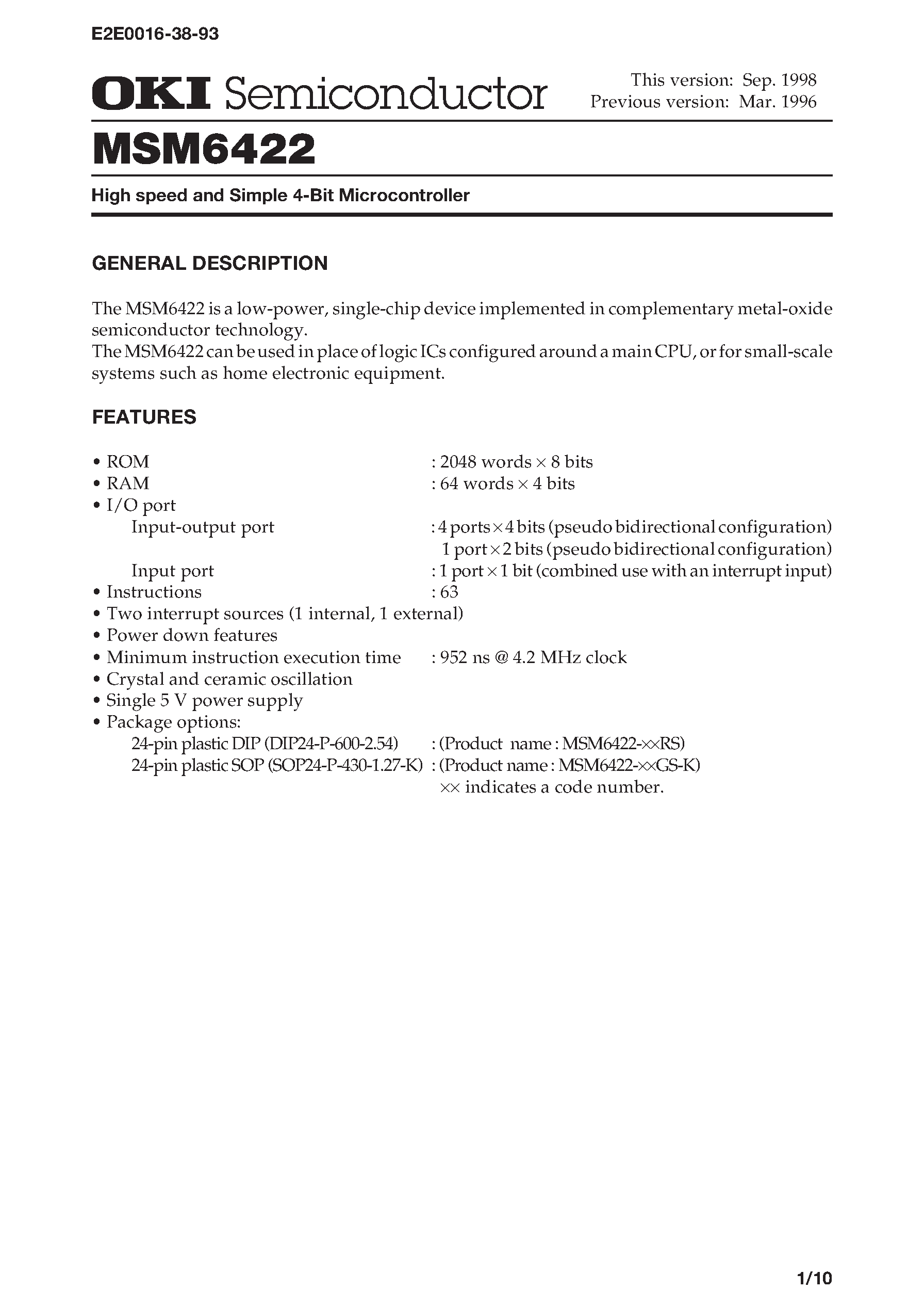 Даташит на микросхему MSM6422 страница 1 Даташит MSM6422 - 4-Bit Microcontroller with Built-in RC Oscillation Type A/D Converter and LCD Driver страница 1