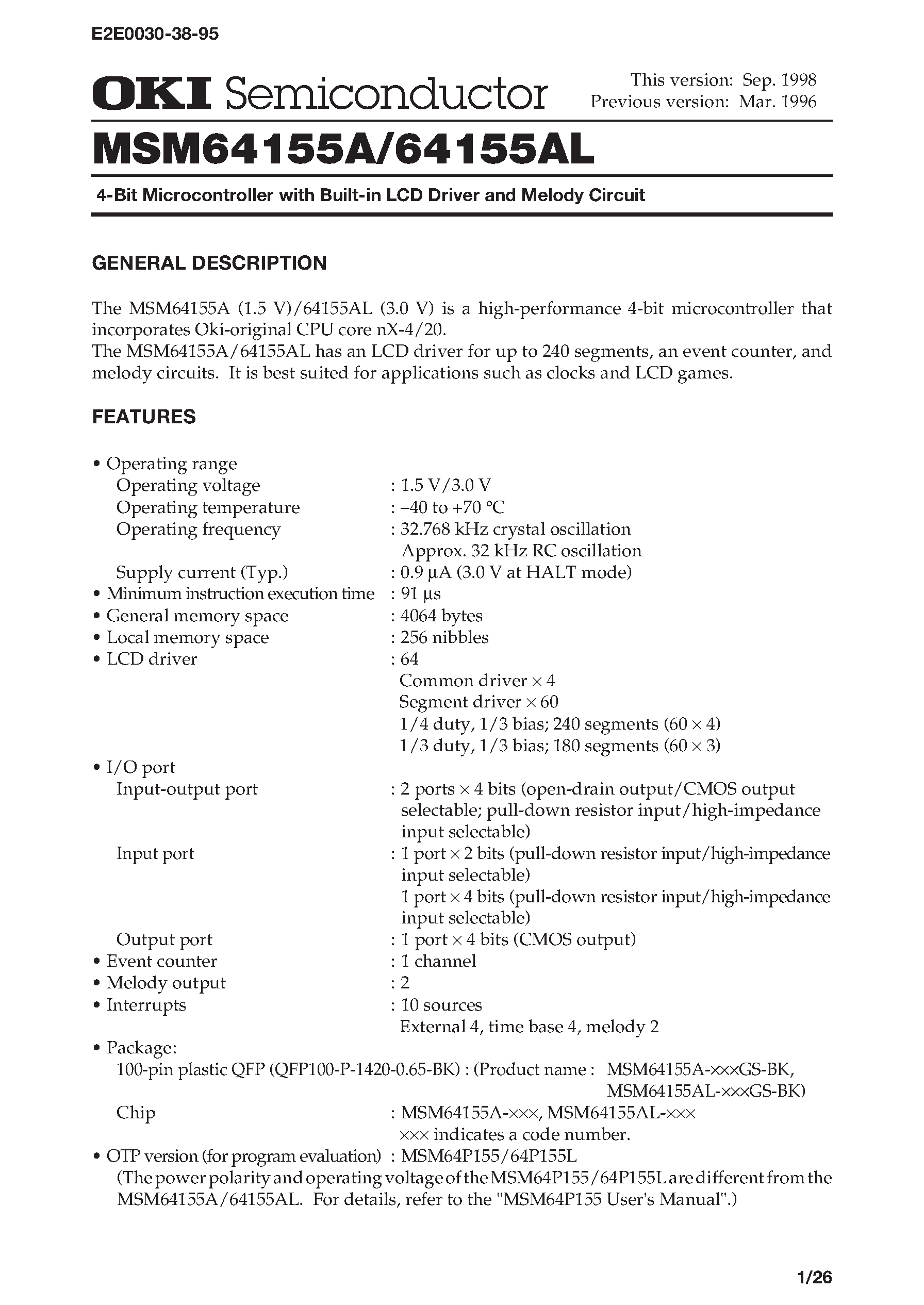 Даташит на микросхему MSM64155A страница 1 Даташит MSM64155A - 4-Bit Microcontroller with Built-in RC Oscillation Type A/D Converter and LCD Driver страница 1