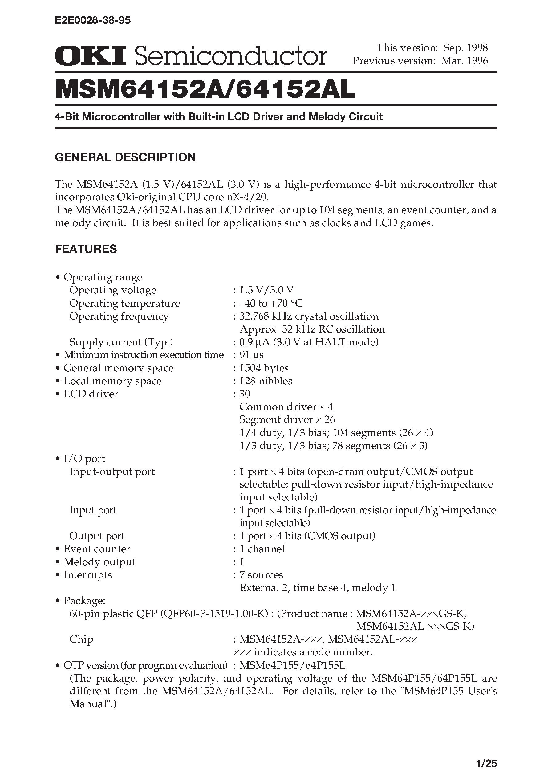 Datasheet MSM64152A - 4-Bit Microcontroller with Built-in RC Oscillation Type A/D Converter and LCD Driver page 1