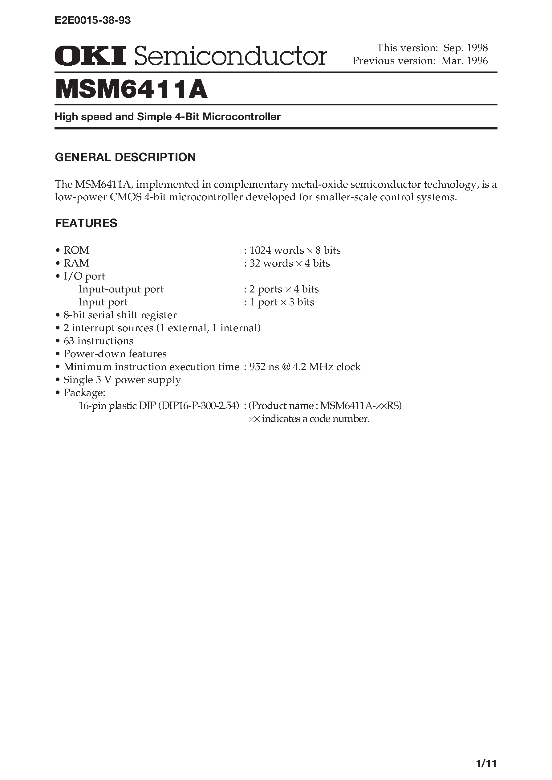 Даташит MSM6411A - 4-Bit Microcontroller with Built-in RC Oscillation Type A/D Converter and LCD Driver страница 1
