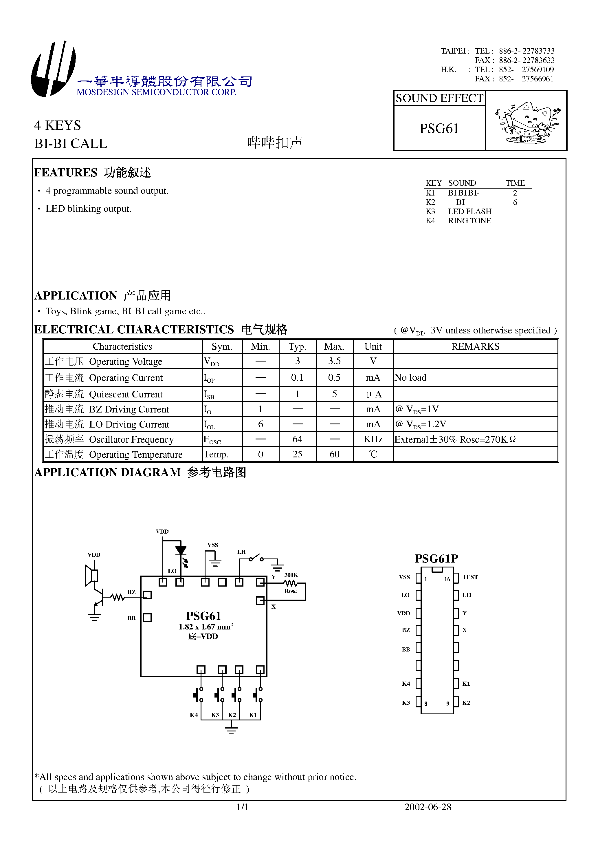 Datasheet PSG61 - 4 Keys Bi-Bi Call page 1