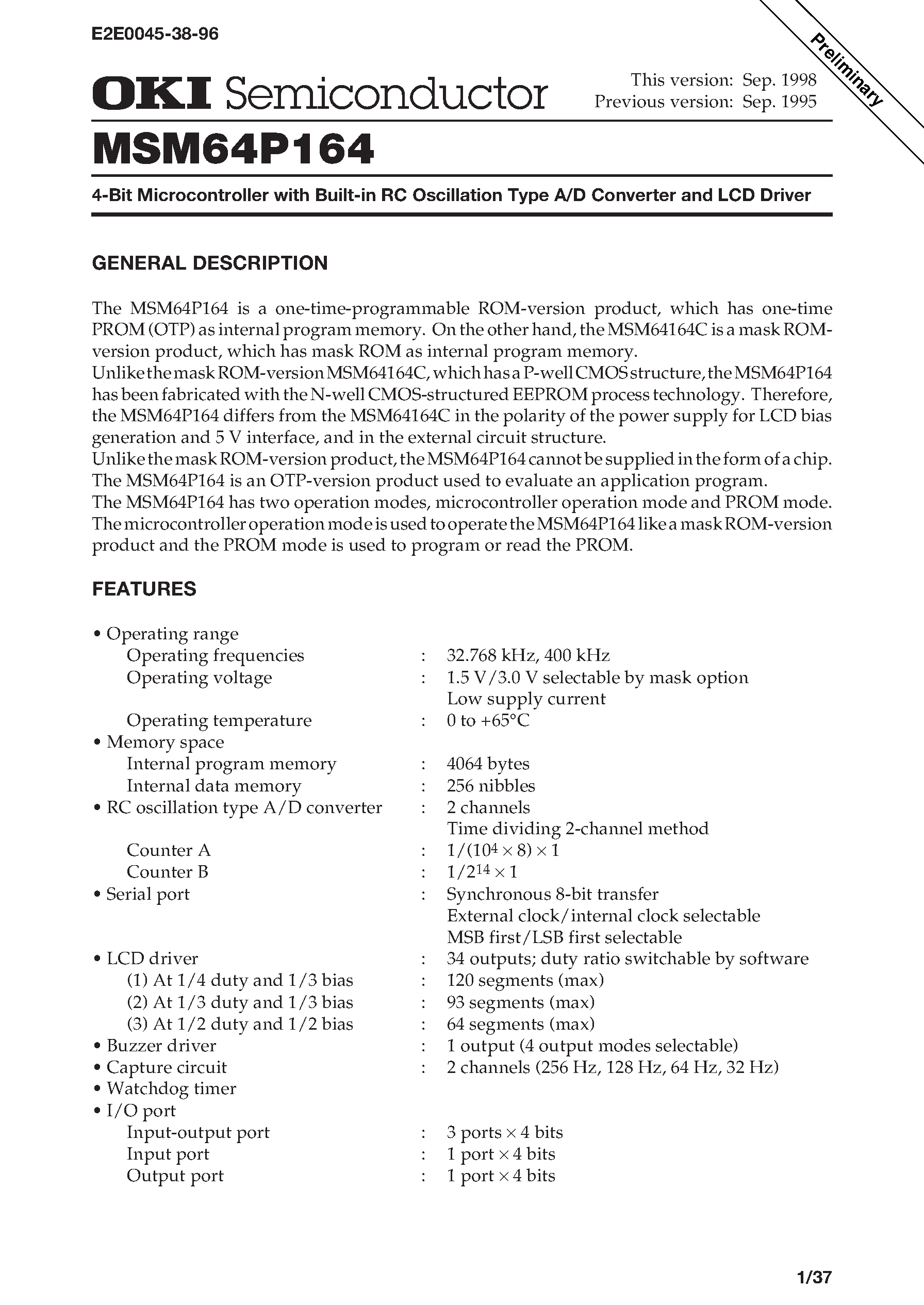 Даташит на микросхему MSM64P164 страница 1 Даташит MSM64P164 - 4-Bit Microcontroller with Built-in RC Oscillation Type A/D Converter and LCD Driver страница 1
