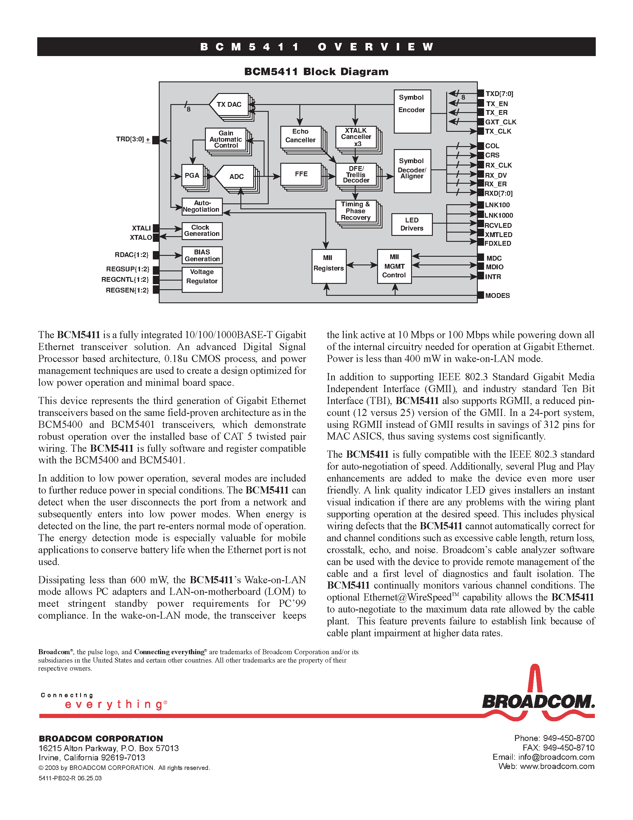 Datasheet BCM5411 - 10/100/1000BASE-T TRAMSCEIVER page 2