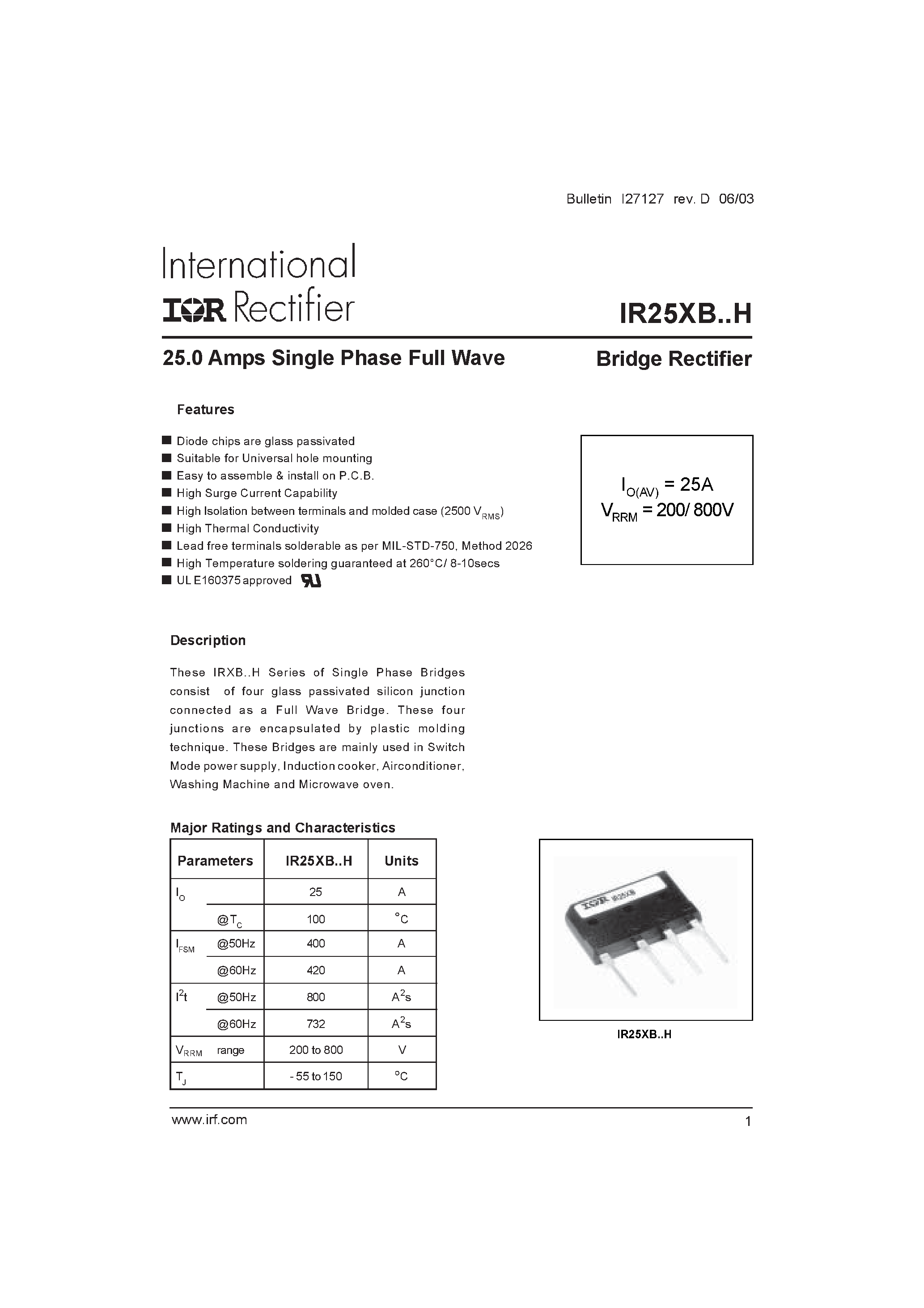 Datasheet IR25XBxx - 25.0 Amps Single Phase Full Wave page 1