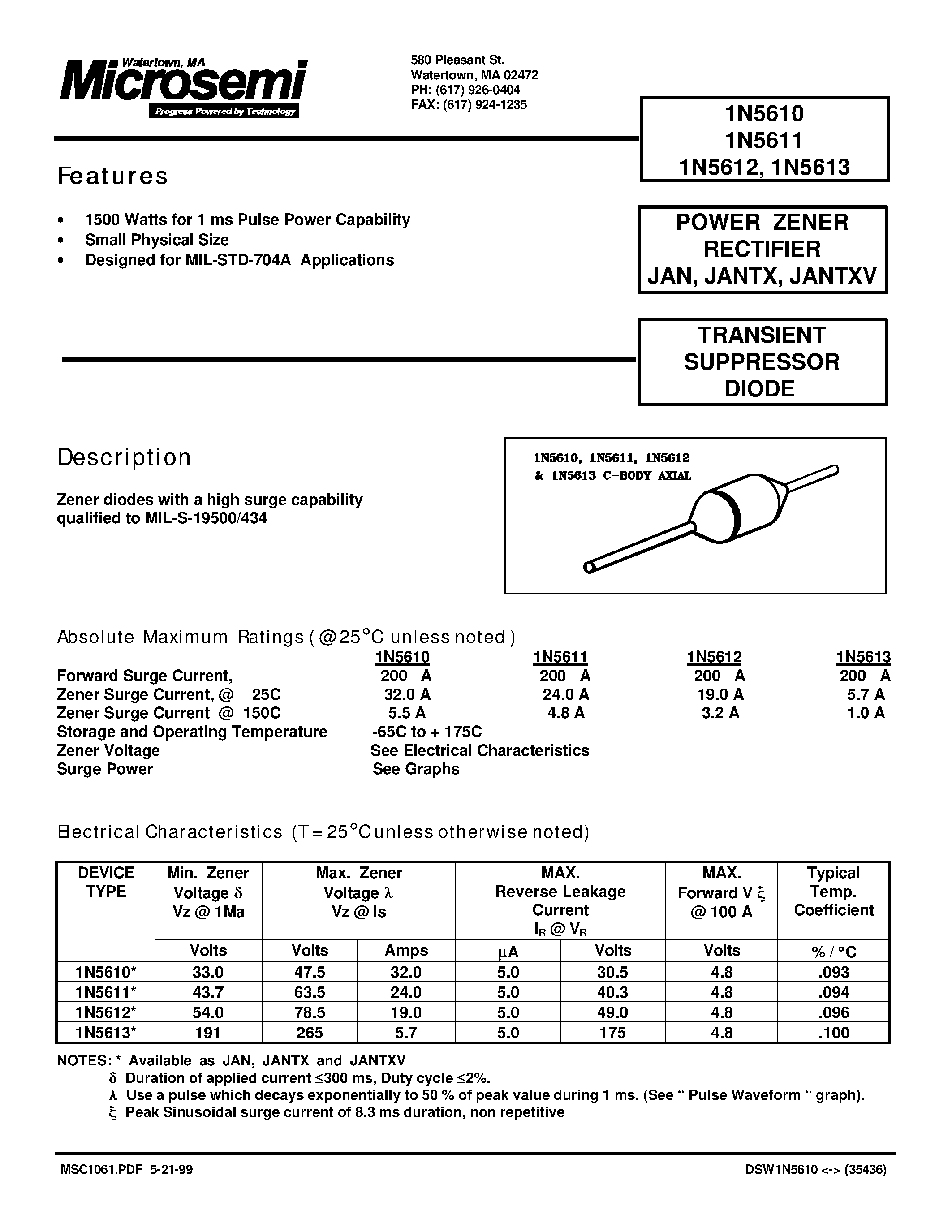 Datasheet JANTX1N5610 page 1 Datasheet JANTX1N5610 - POWER ZENER RECTIFIER page 1