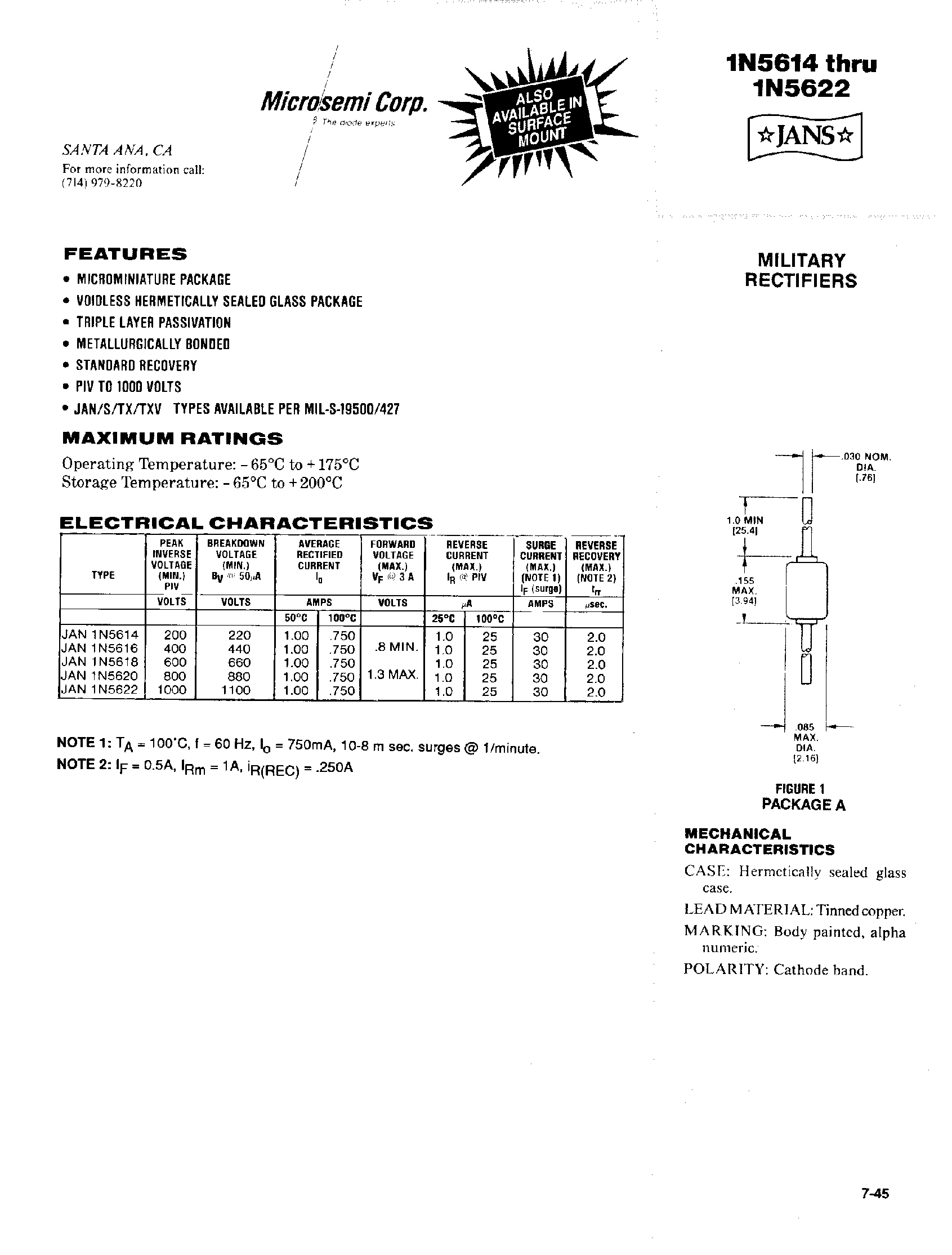 Datasheet JANTX1N5614 page 1 Datasheet JANTX1N5614 - MILITARY RECTIFIERS page 1