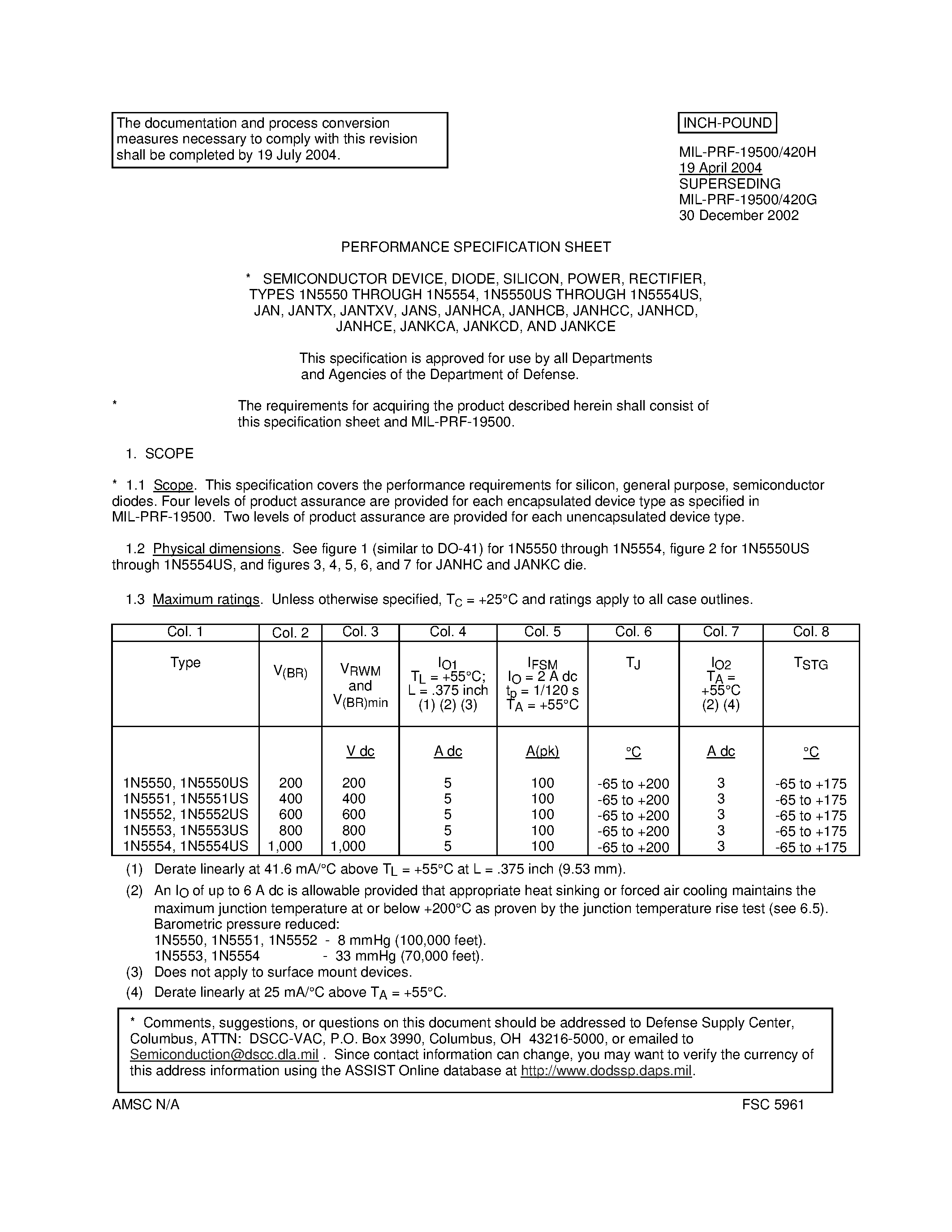 Datasheet JANTX1N5550 - (1N5550 / 1N5551 / 1N5552 / 1N5553 / 1N5554) page 1